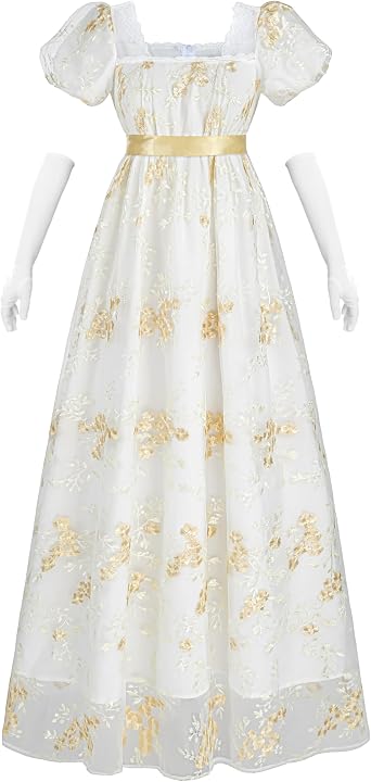 NSPSTT Women Regency Dresses Puff Sleeves Empire Waist Victorian Dresses Tea Party Gown Vintage Dress Empire Waist Dress Victorian Abendkleid with Gloves