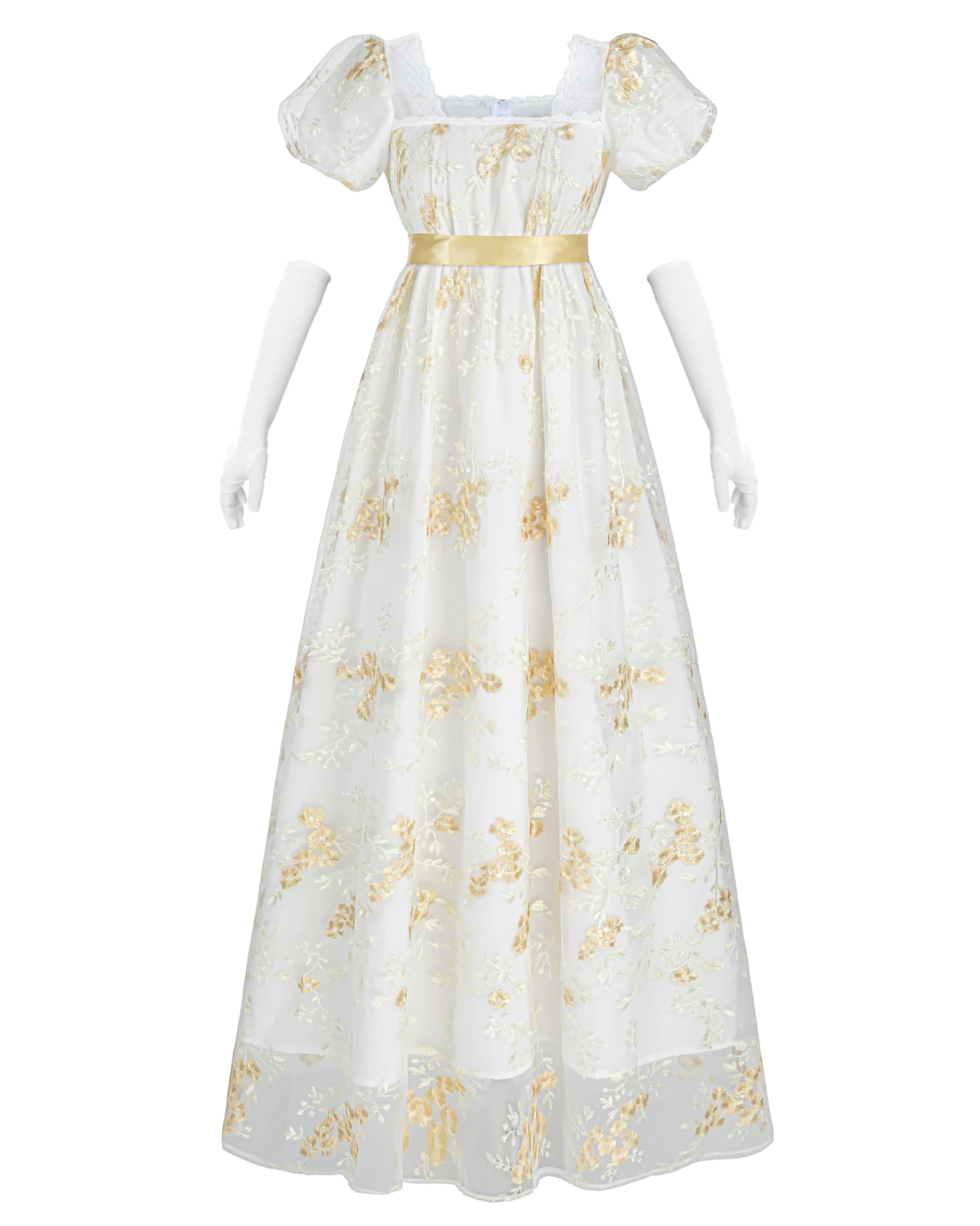 NSPSTT Women Regency Dresses Puff Sleeves Empire Waist Victorian Dresses Golden Long Dress Tea Party Gown with Gloves, XL