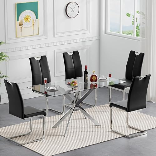 Miniatura 20 de Mesas de comedor redondas de 36 pulgadas, mesa de comedor moderna de cocina con base de metal cromado dorado, mesas de comedor redondas de vidrio