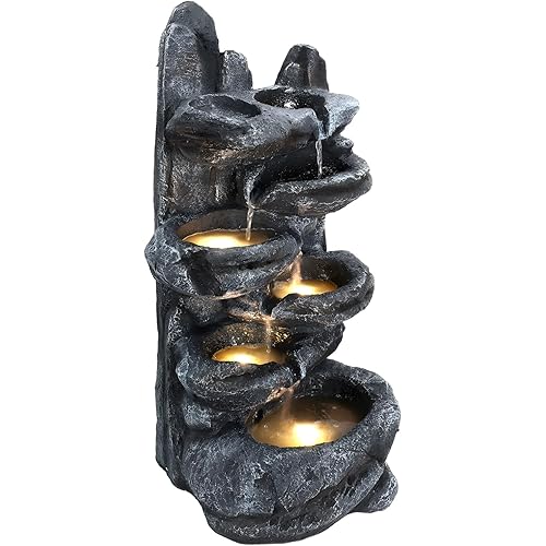 6-Tiers Cascading Rock Outdoor Water Fountain with LED Lights,Outdoor Waterfall Fountain,Natural Stone Look,Resin Waterfall Decor for Garden/Patio/Yard (Black 27" High)