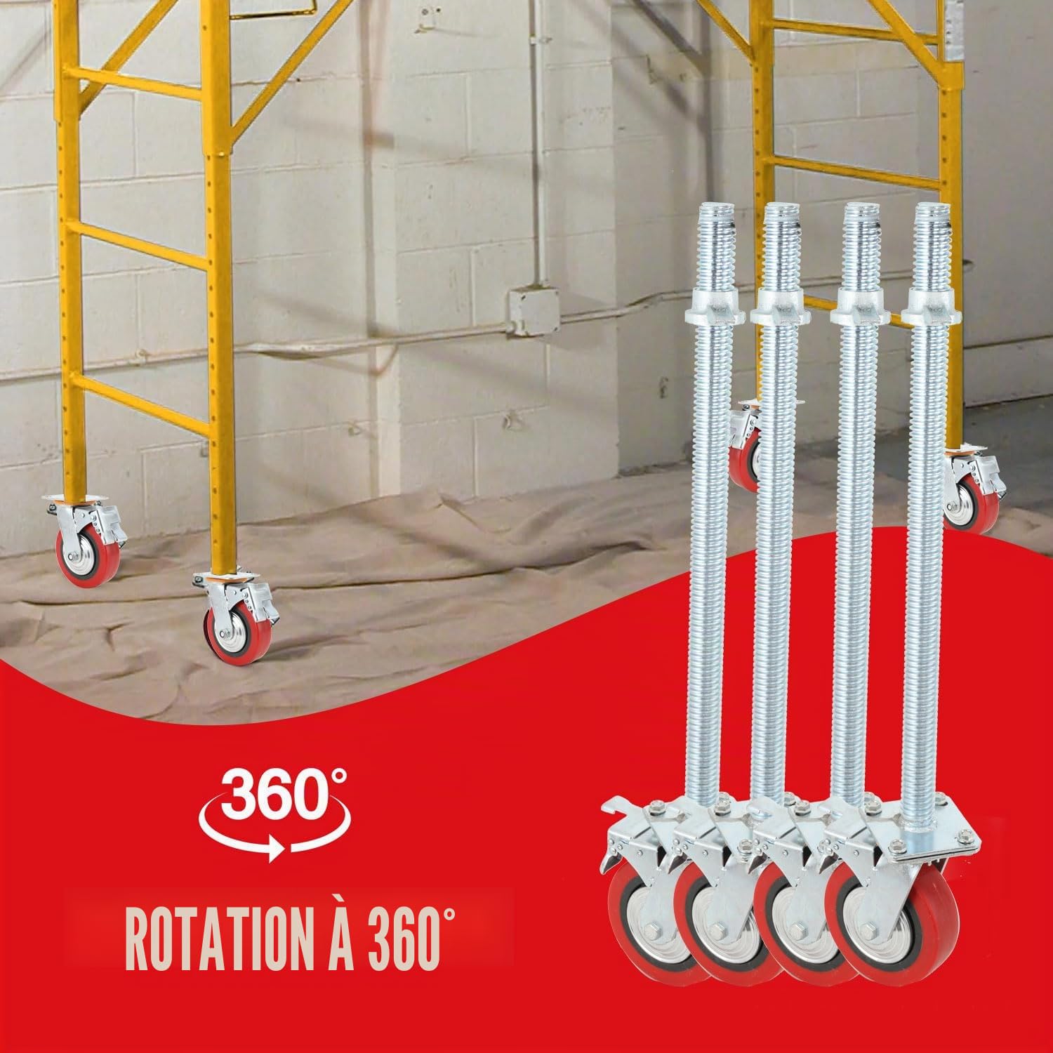 Lot de 4 roulettes pour échafaudage 190 mm avec tige filetée en acier, roulettes pivotantes à frein, position verticale, capacité de charge 750 kg, réglable en hauteur, compatible avec