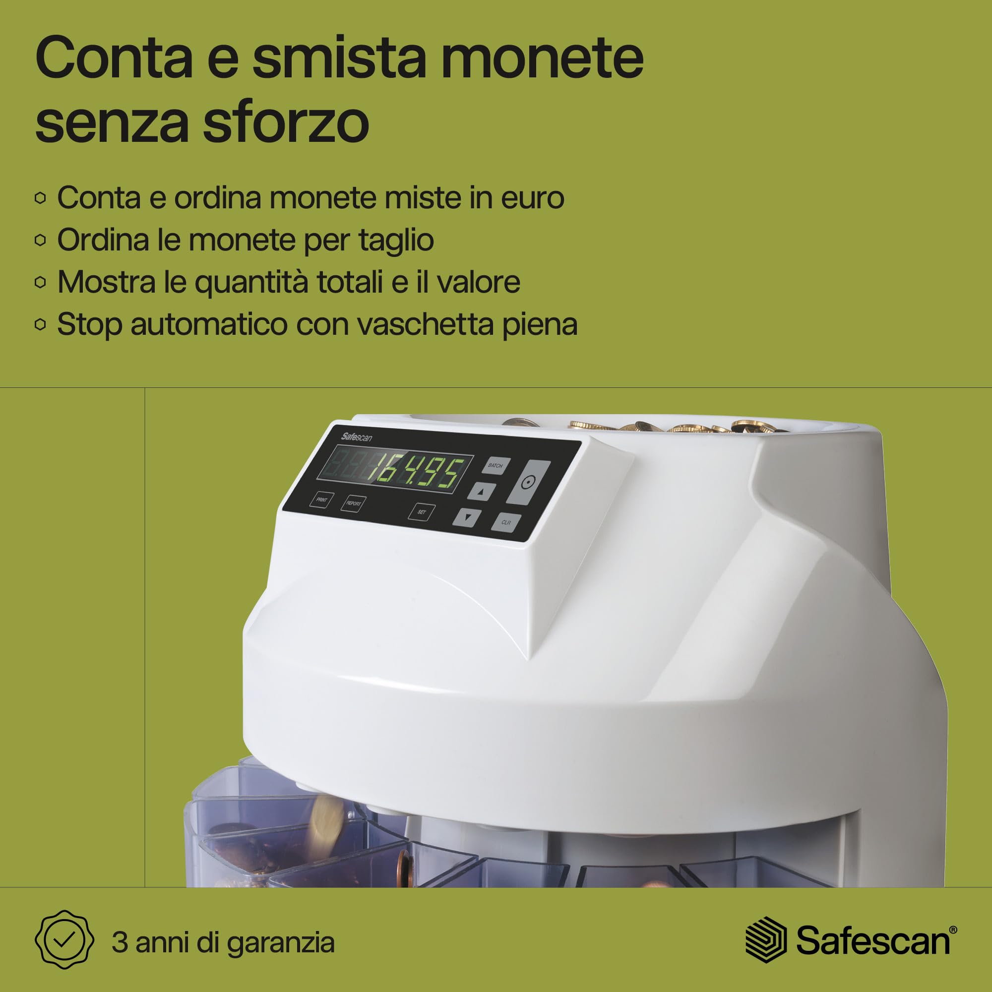 Contamonete Safescan 1250 EUR che conta e smista velocemente le monete euro miste, Contamonete che smista le monete per taglio, Contamonete per il conteggio continuo delle monete