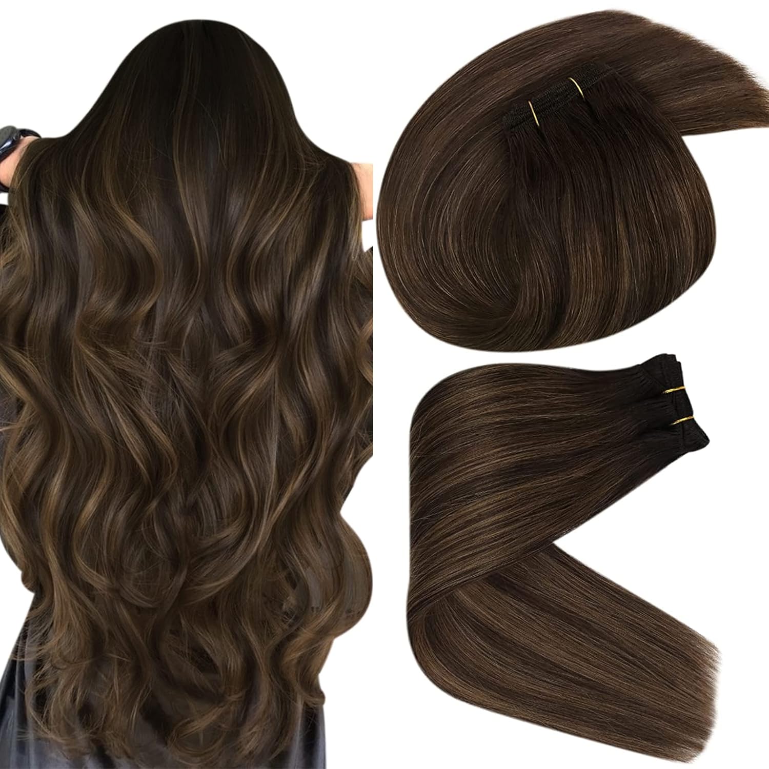 Sunny Sew in Hair Extensions Brown Highlights Weft Human Hair Extensions Dark Brown