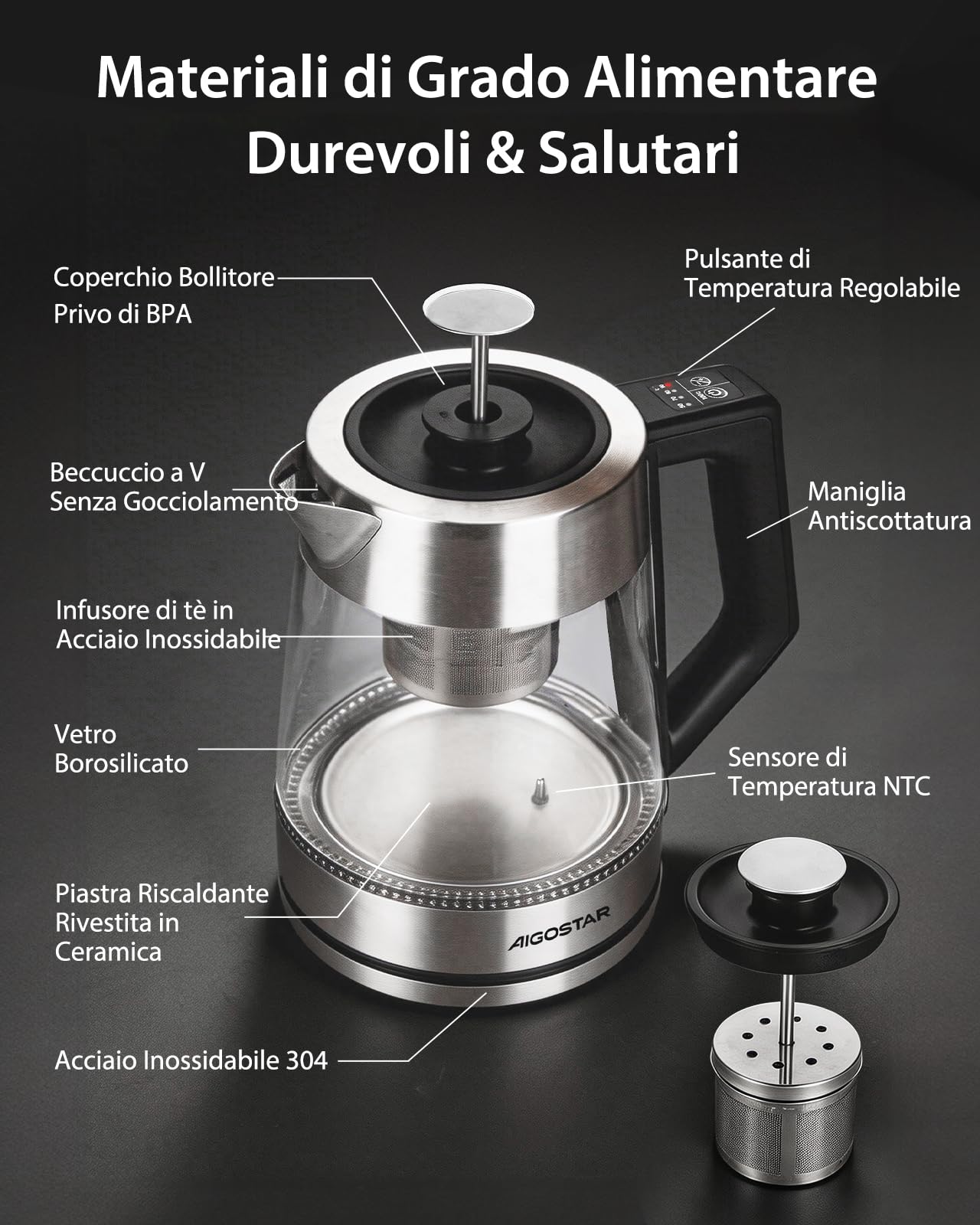 Aigostar Bollitore Elettrico Temperatura Regolabile, Senza BPA Rivestimento Ceramico | Rivestimento Ceramico Anticalcare, 1,7 Litri, 2200 Watt, Teiera Elettrica con Infusore, Funzione di Mantenimento Calore