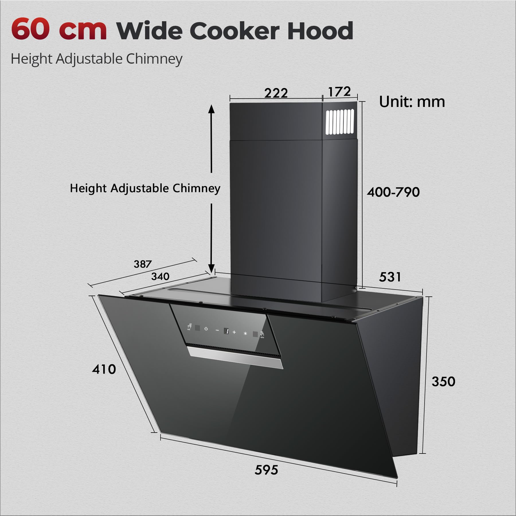 SNDOAS Cooker Hood 60cm, 800 m³/h Kitchen Extractor Fan, Recirculating & Ducting Modes with Carbon Filters, Class A+++ Extractor Hood, Black Glass Touch Control with 3 Speed + Booster — view 3