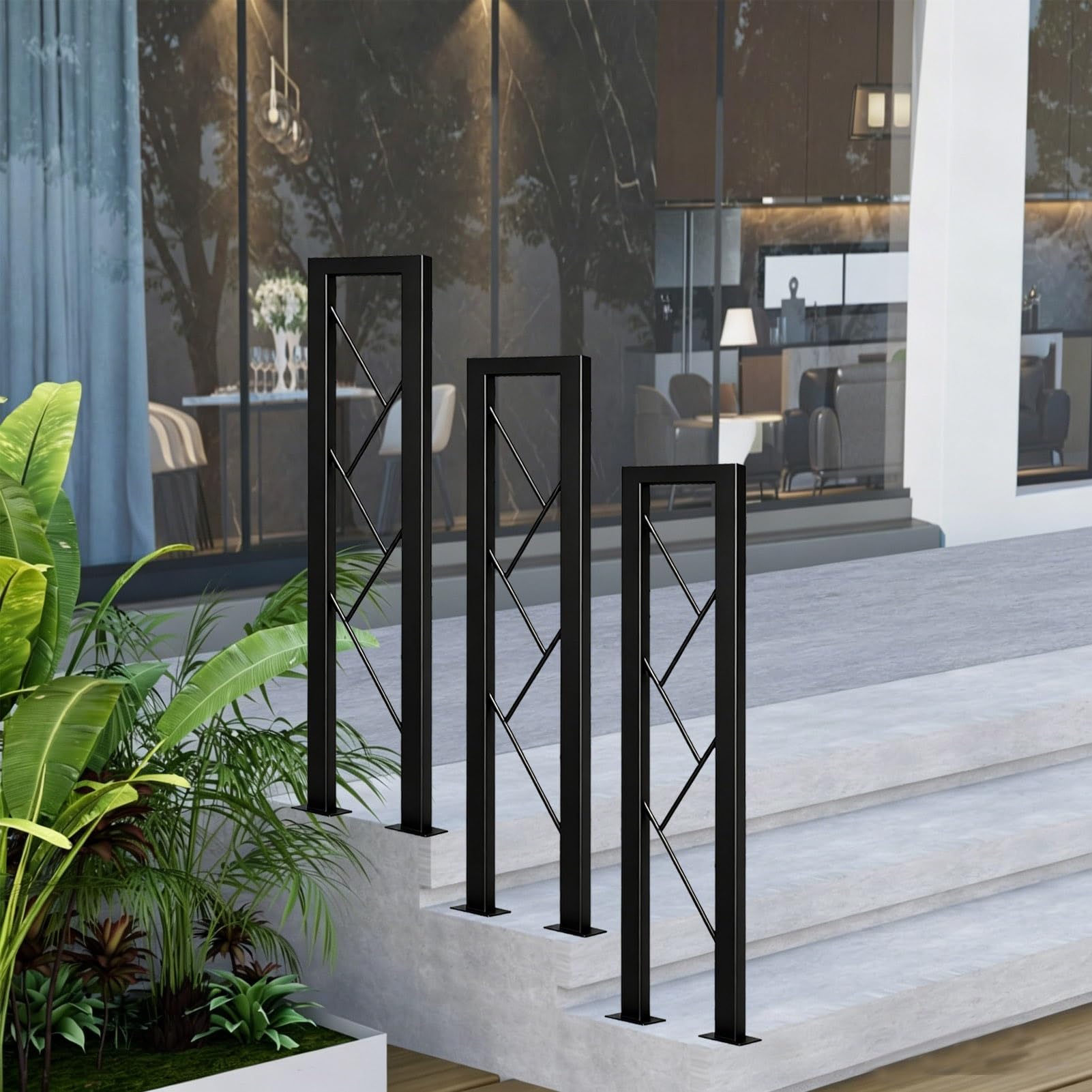 U-Shaped Wrought Iron Hand Rails Floor Mount Outside Stair Railings Kit｜Porch Deck Handrail Picket for Cement Concrete Steps Grab Rails, Gold Black(Black,75cm/30in)