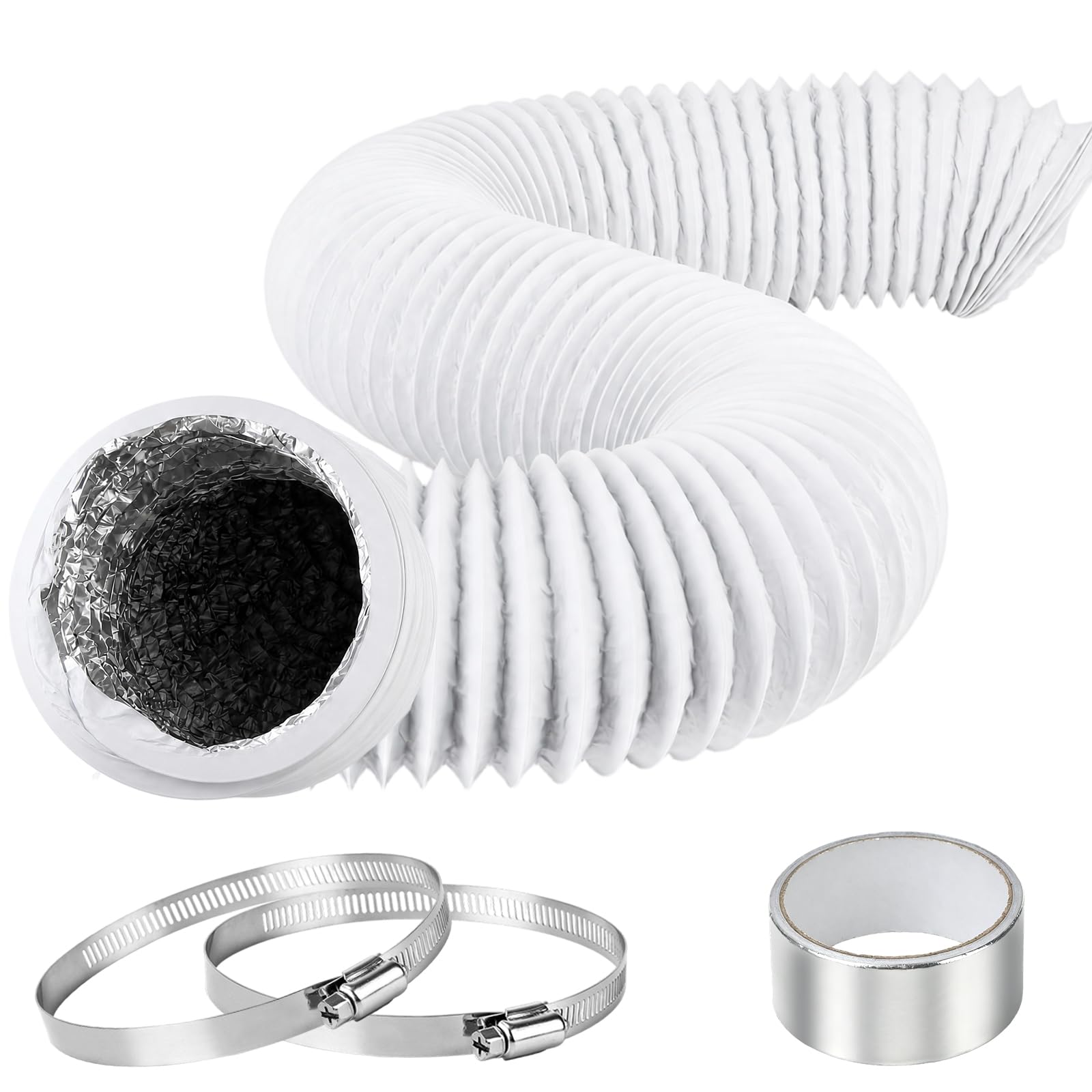 150mm Ducting 3m Long,6 Inch Flexible Vent Hose with 2 Duct Clamps und A Roll of 5m Aluminum Foil Tape,Aluminium PVC Ventilation Air Ducting,for Cooker Hood,Extractor Fan,Tumble Dryer,Air Conditioner