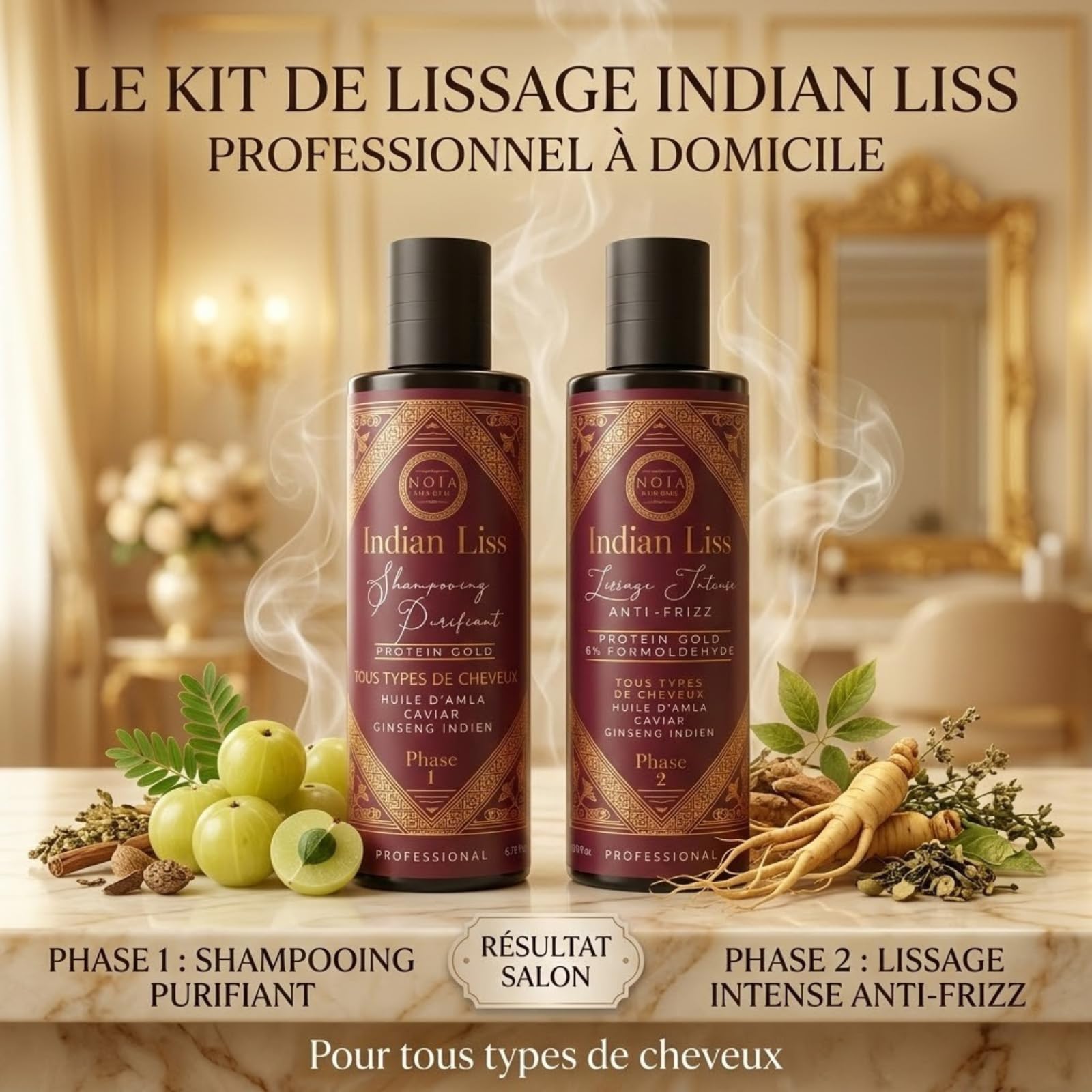 Noia Hair Indian Liss – Lissage Indien Professionnel 2 Étapes – Shampooing Purifiant + Soin Lissant Anti-Frizz – Kératine, Huile d’Amla & Ginseng – Cheveux Lisses, Brillants – 250 ml