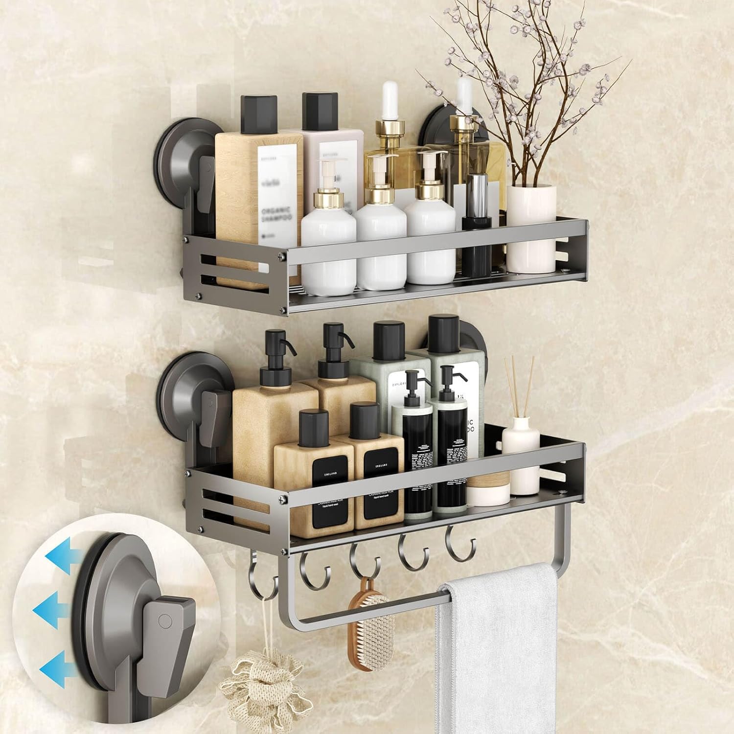 Onemake Shower Caddy Suction Cup 2 Pack 11 8 inch Aluminum Suction Showers Organizer with Towel Bar Hooks