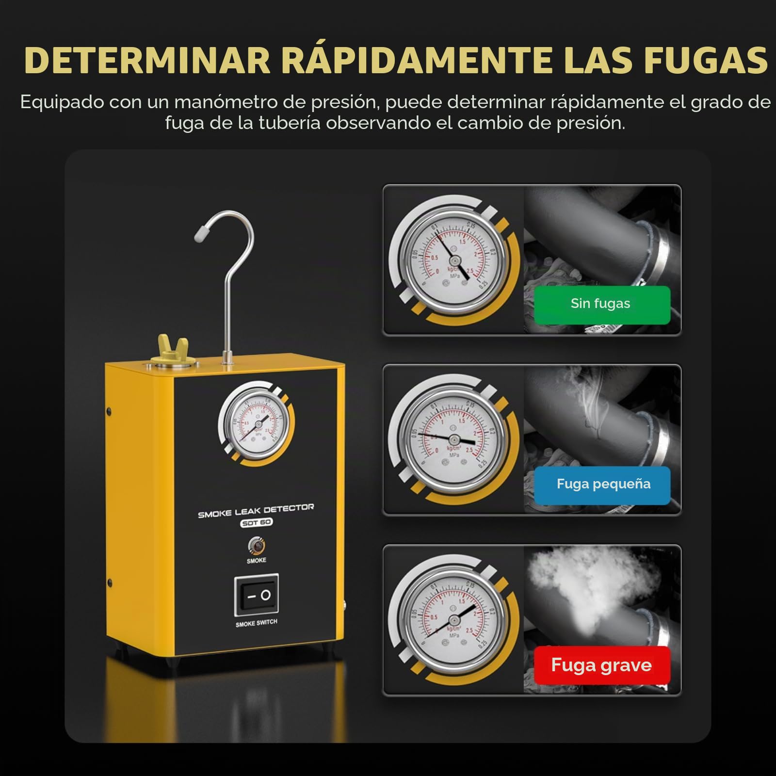 Detector de fugas de humo SDT60, máquina de humo para coche de 12 V con bomba de aire integrada y manómetro, portátil, 1,6 kg, probador de fugas de EVAP, para coches, motos, camiones, sistemas