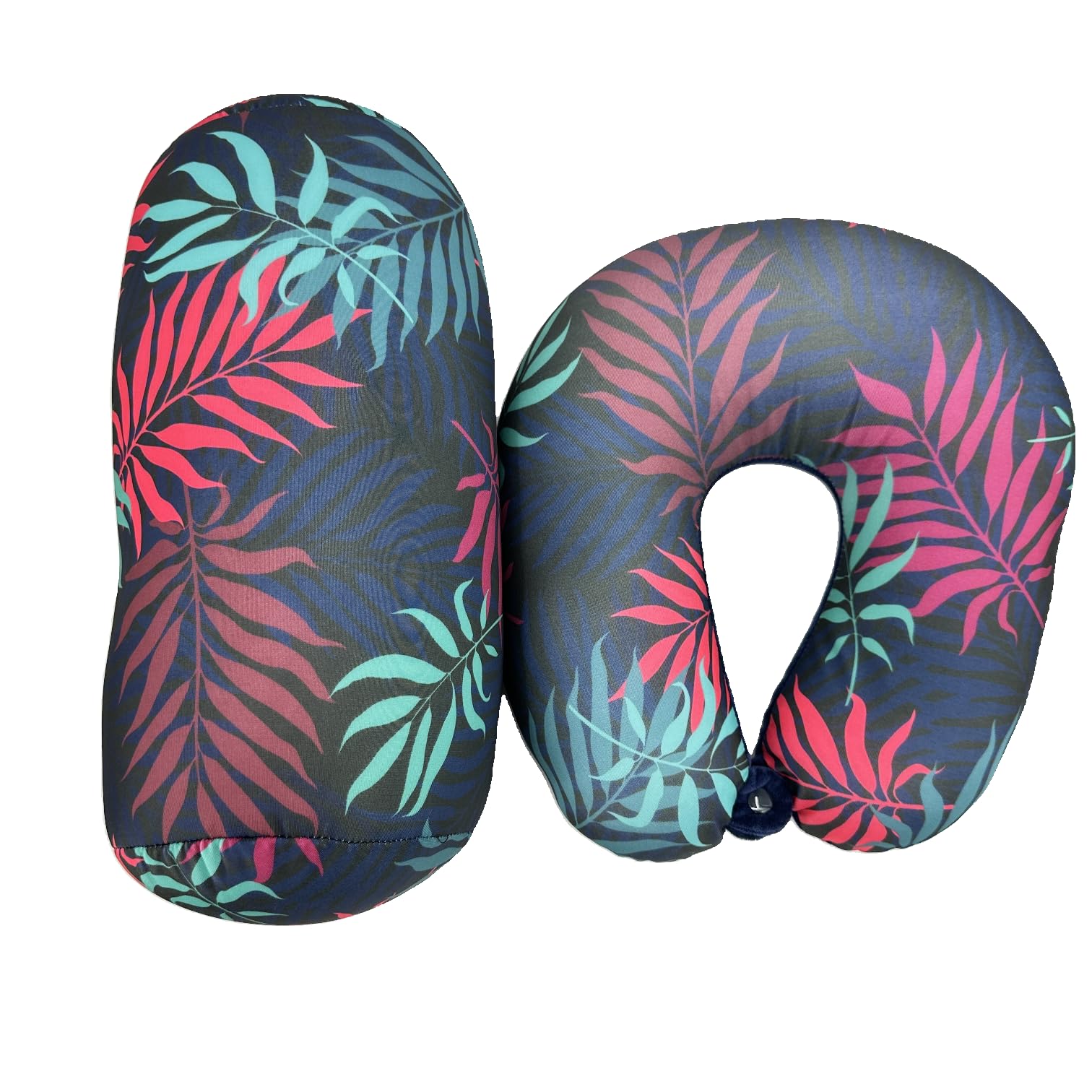 Bookishbunny 2pcs Micro Bead Set U Shaped Neck Travel Pillow 12" x 12" x 4" and Roll Back Pillow Cushion 13" x 7", Various Designs (Fern)