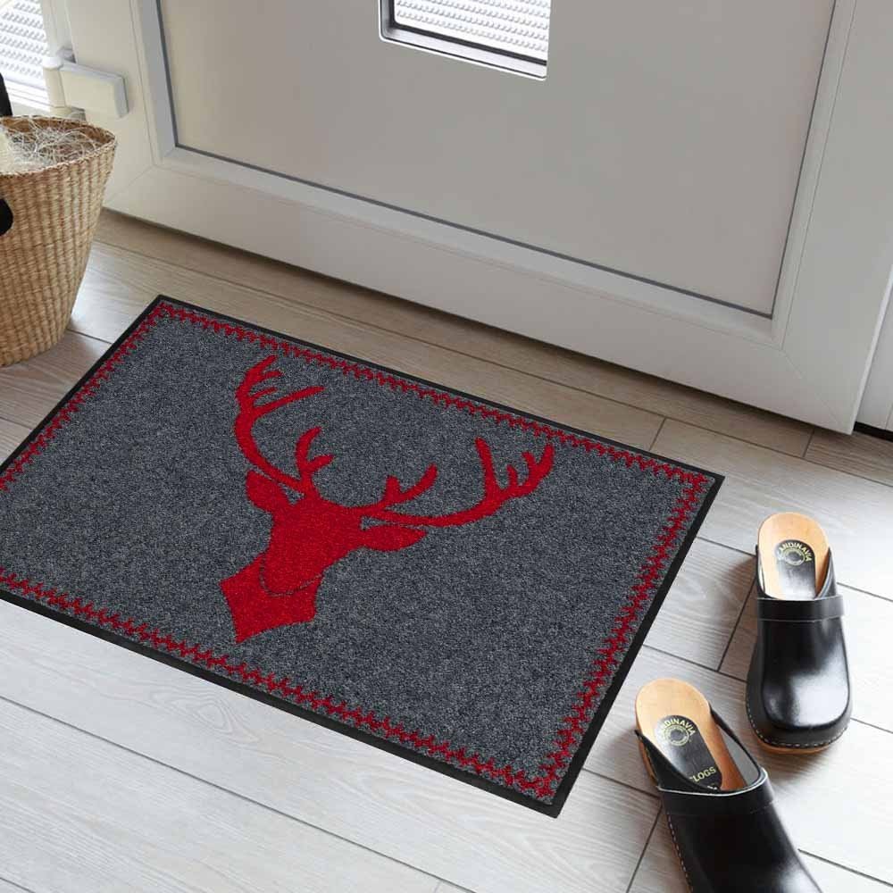 Salonloewe Fußmatte Hirsch-Kopf rot Jagd Landhaus Sauberlauf Abtreter Fuss-Matte aussen + innen 50x75cm rot