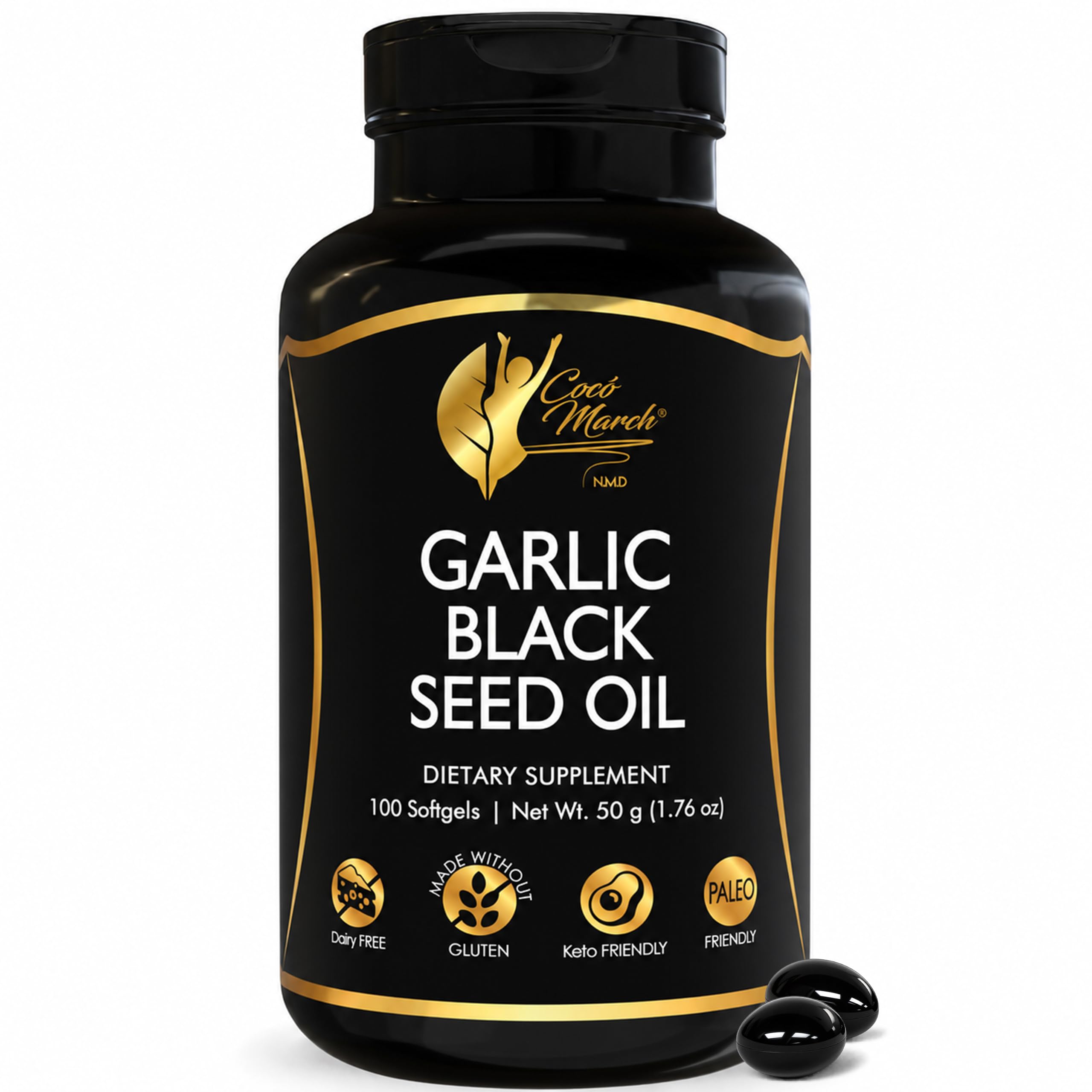 Cocó March Garlic Black Seed Oil Supplement – Garlic Extract – 100 Softgels