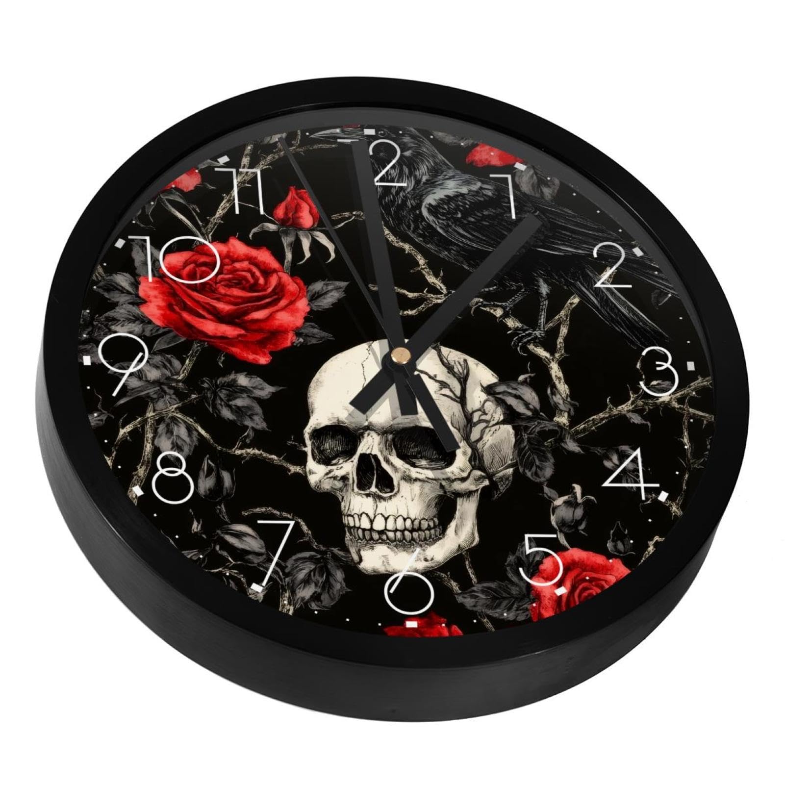 Horloge murale silencieuse avec corbeau gothique et rose, art mural unique