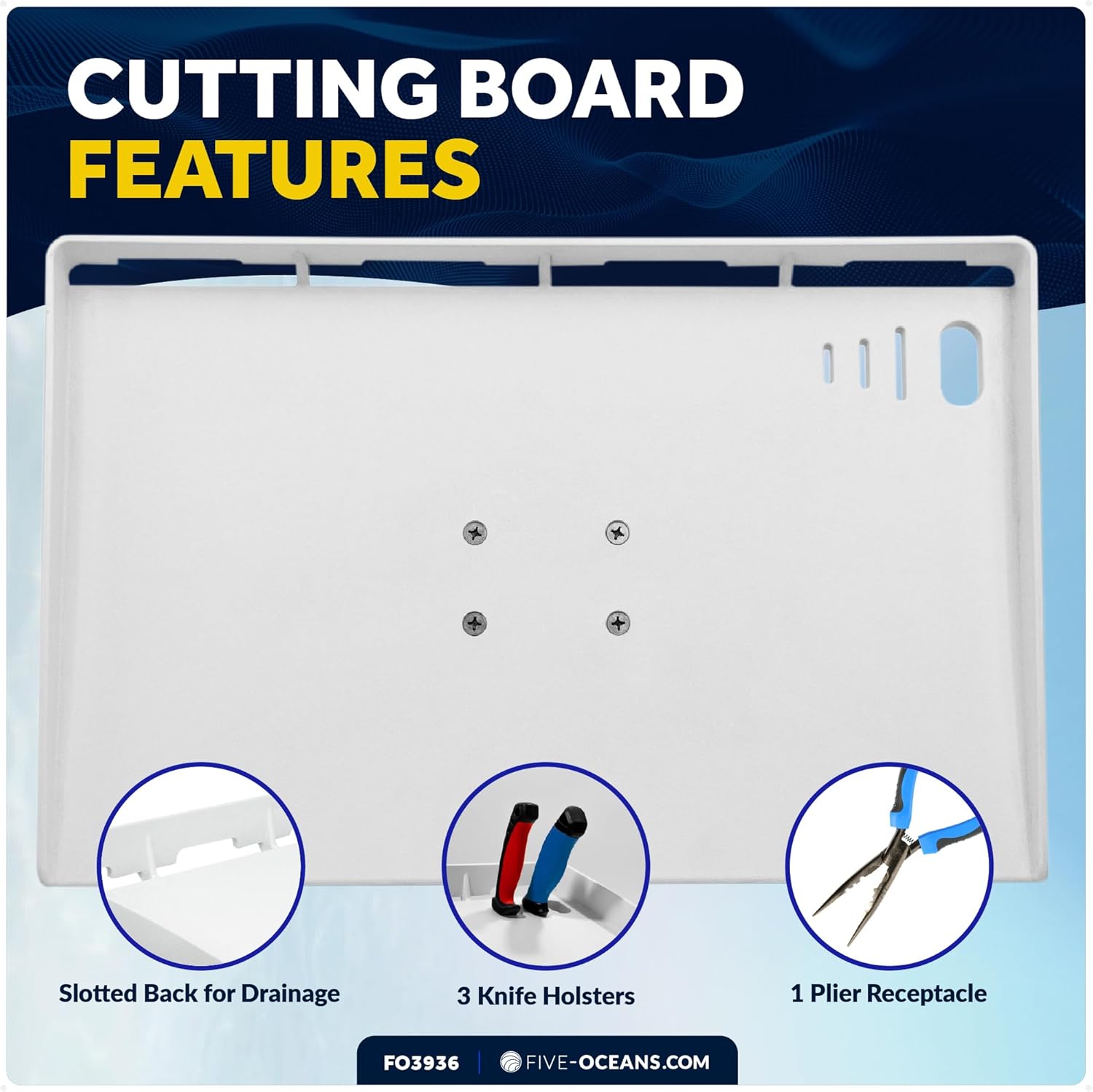 Five Oceans Cutting Board for Boat, 20" x 12" - Premium Fillet Table with Rod Holder Mount, Knife Slot, Plier Storage & Slotted Back - 1-Year Warranty - FO3936