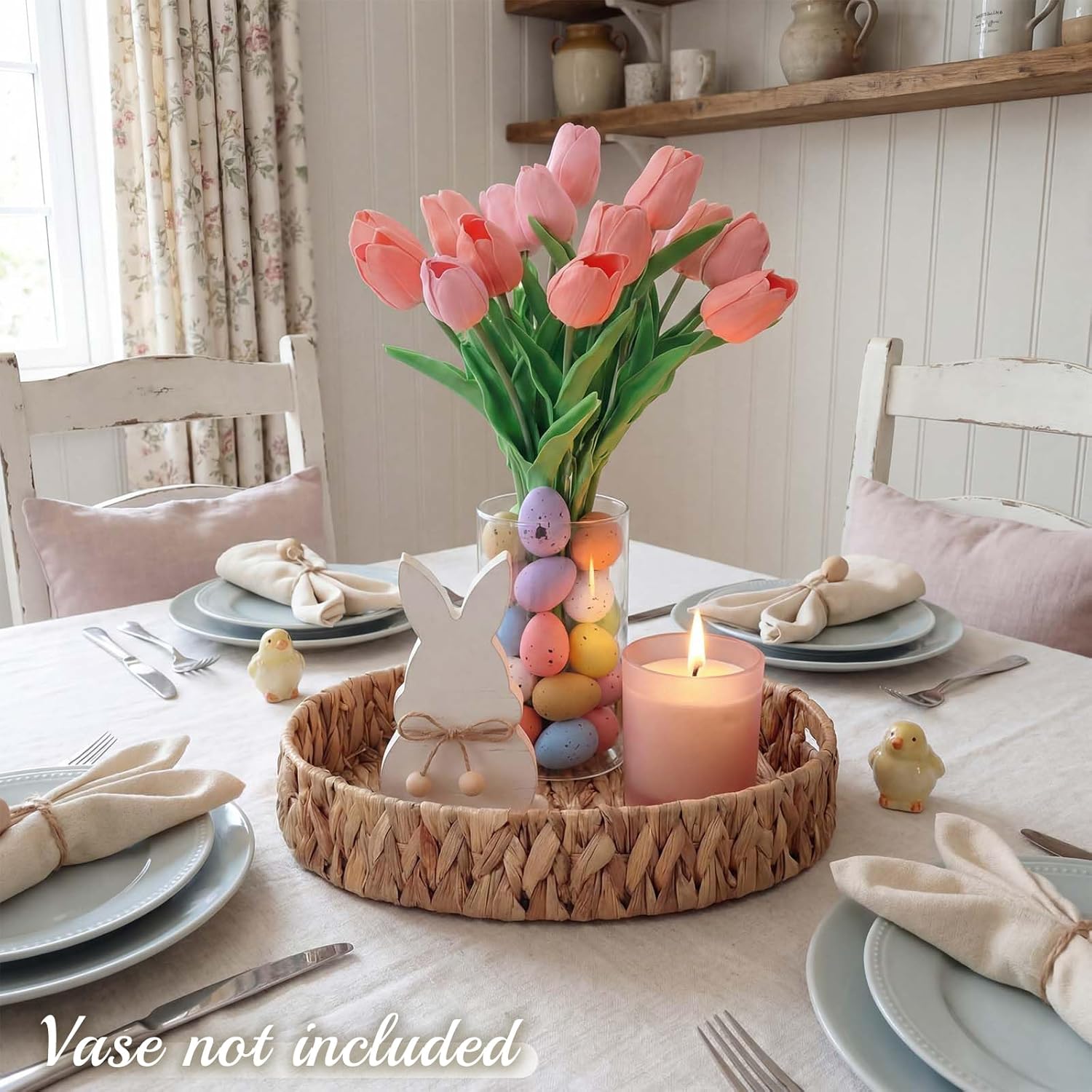 Novabright Spring Easter Centerpiece Table Decorations Pastel Eggs Artificial Tulips Wooden Bunny Statue Basket Tray Bowl for Easter Farmhouse Decor for Coffee Table Kitchen Living Room