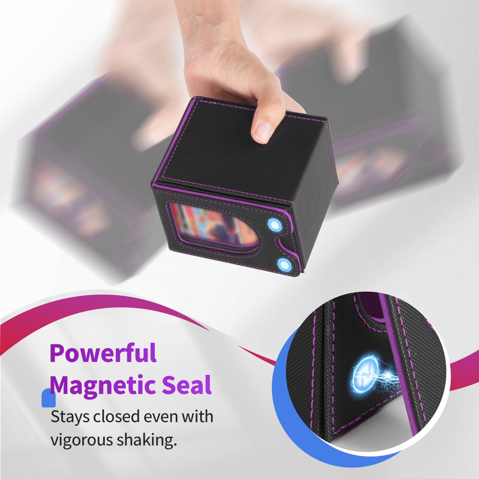 Euqvunn TCG Deck Box avec fenêtre d'affichage, peut contenir jusqu'à 130 cartes à pochettes simples, 2 séparateurs pour rangement facile, idéale pour l'exposition et le transport (Noir Violet - 3