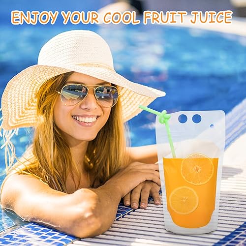 Miniatura 5 de Ozera 100 bolsas de jugo reutilizables para adultos, bolsas de plástico resistentes para batidos con 100 popotes embudo para bebidas frías y