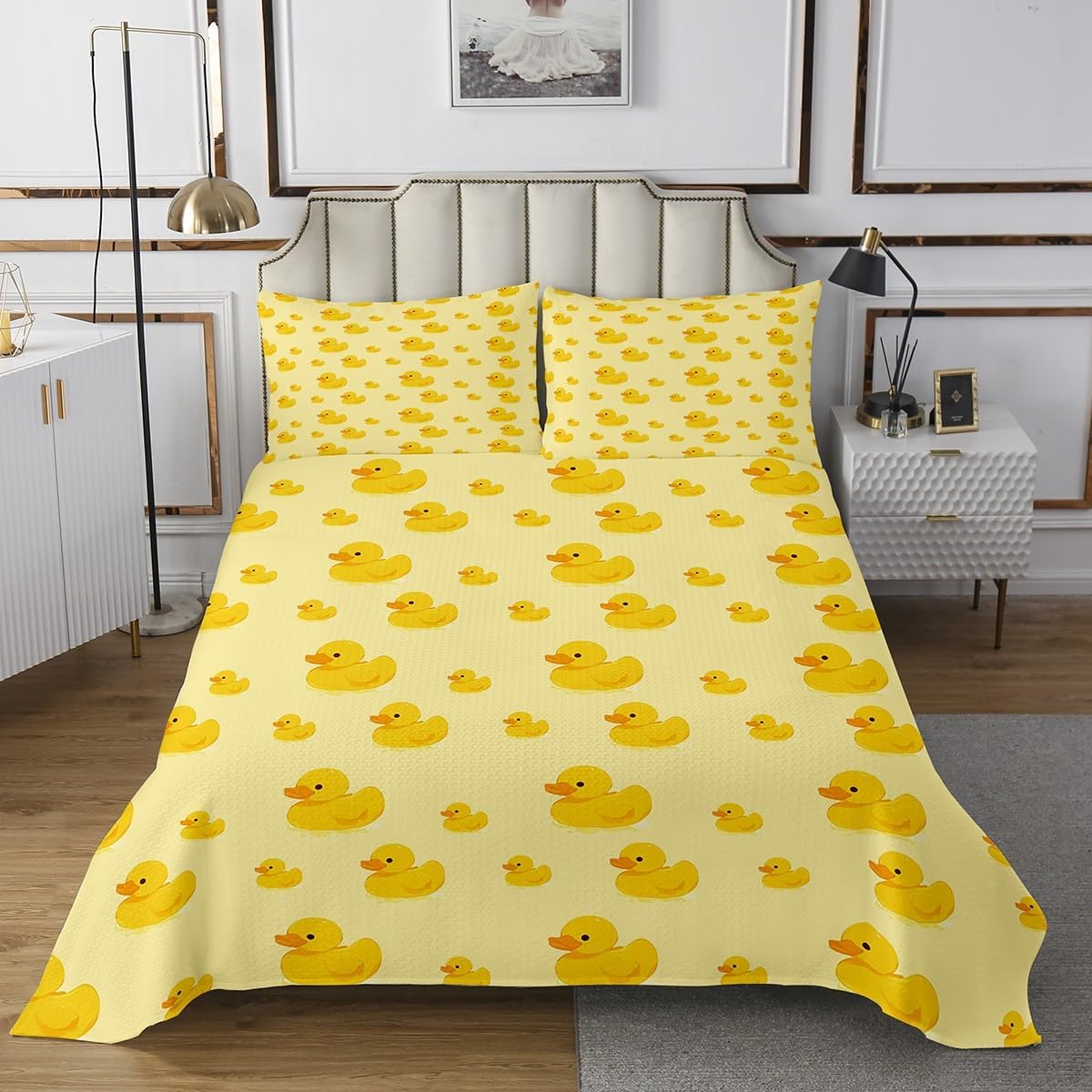 Castle Fairy Duck Bedding Set King Size,Cartoon Animals Bedspread 3Pcs,Starry Sky Moon Comforter Set for Kids Girls Boys Teens Room Decor,Rustic Farmhouse Palm Leaf Print Quilt Coverlet,2 Pillowcases