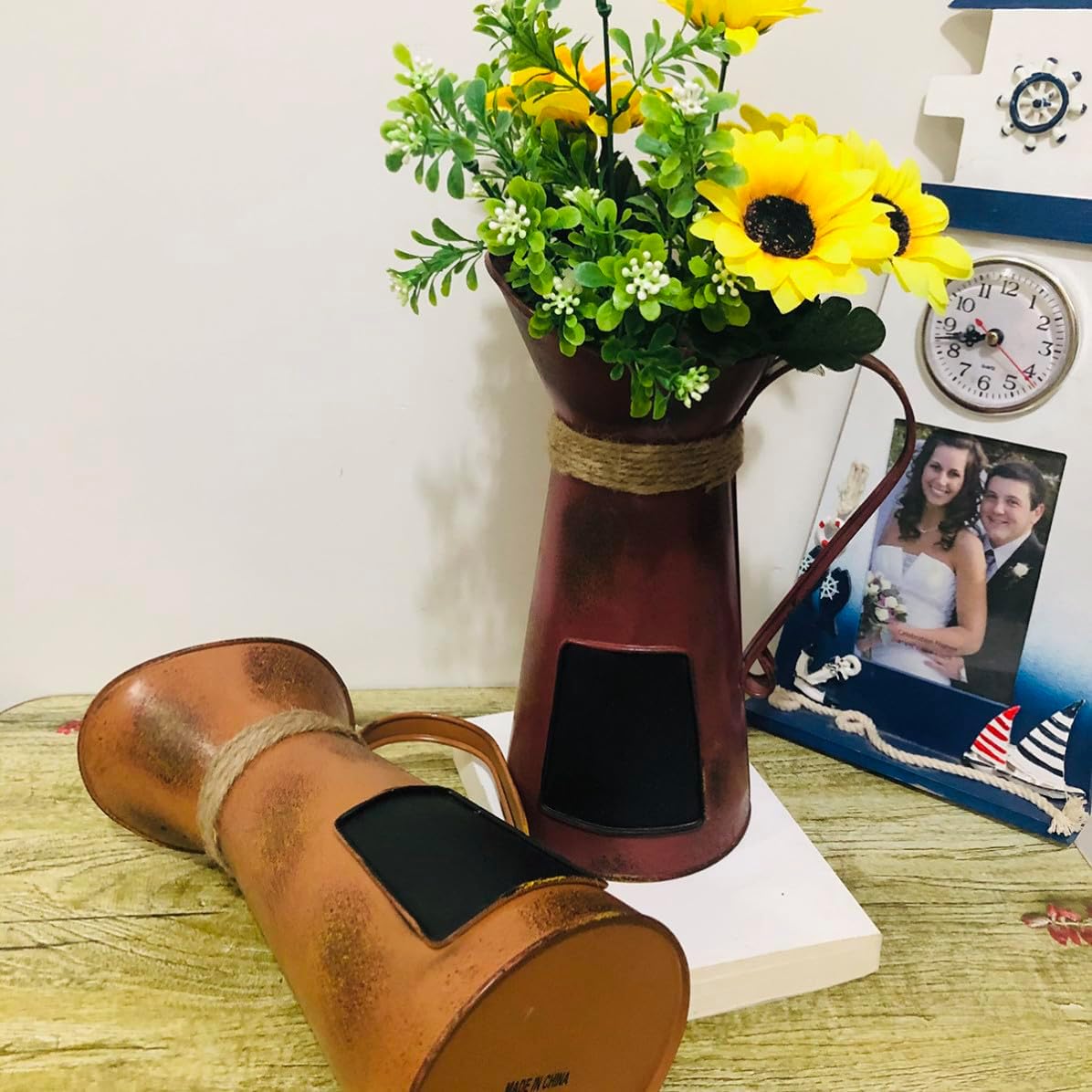 Iron Coffee Pitcher Decor and Handle with Blackboard for Flowers