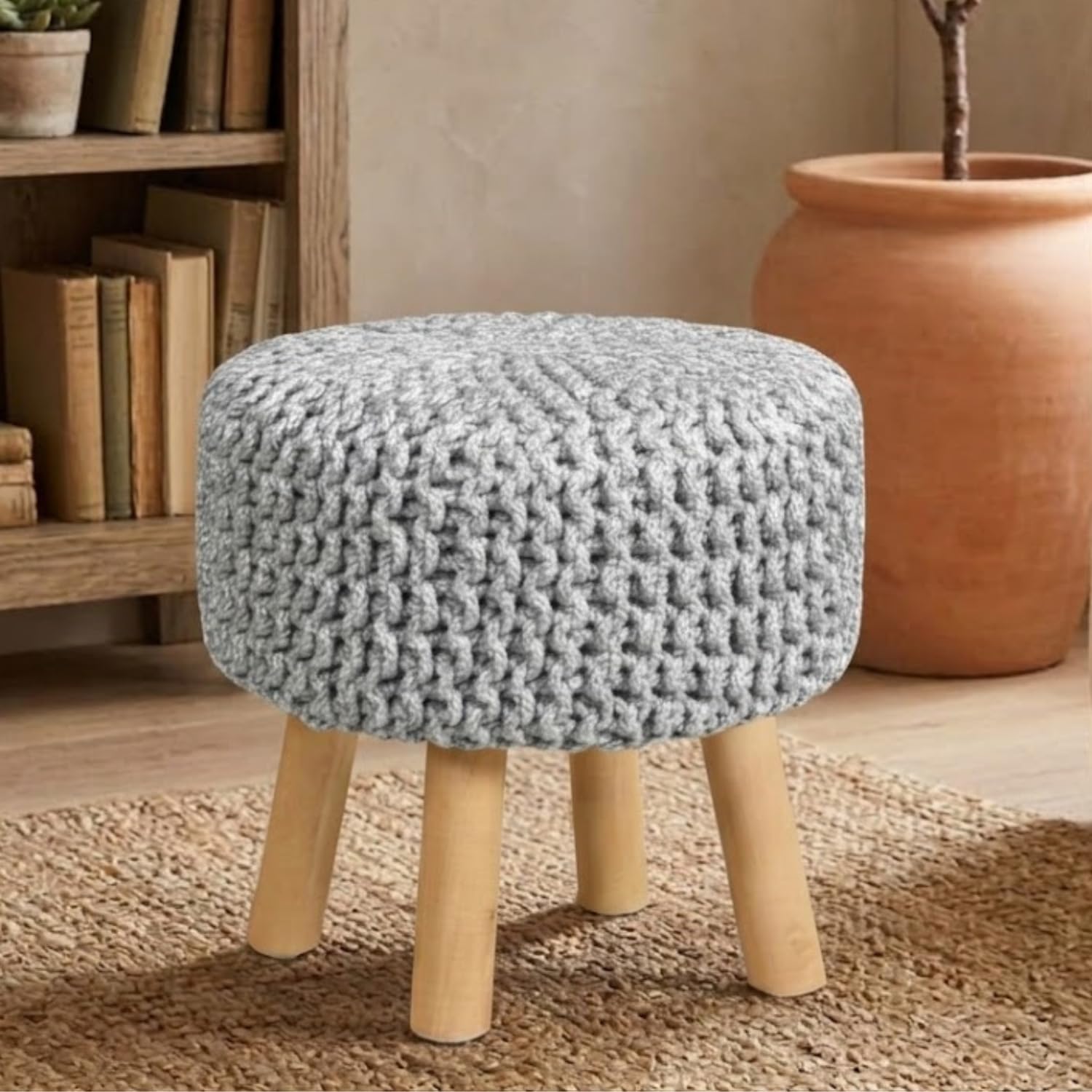 FOAM RANGE Chunky Knitted Round Pouffe Footstool with Wooden Legs | 100% Cotton Handmade Ottoman Foot Rest Stool | Padded Seat, Non-Slip Base | Living Room, Bedroom & Lounge (Silver)
