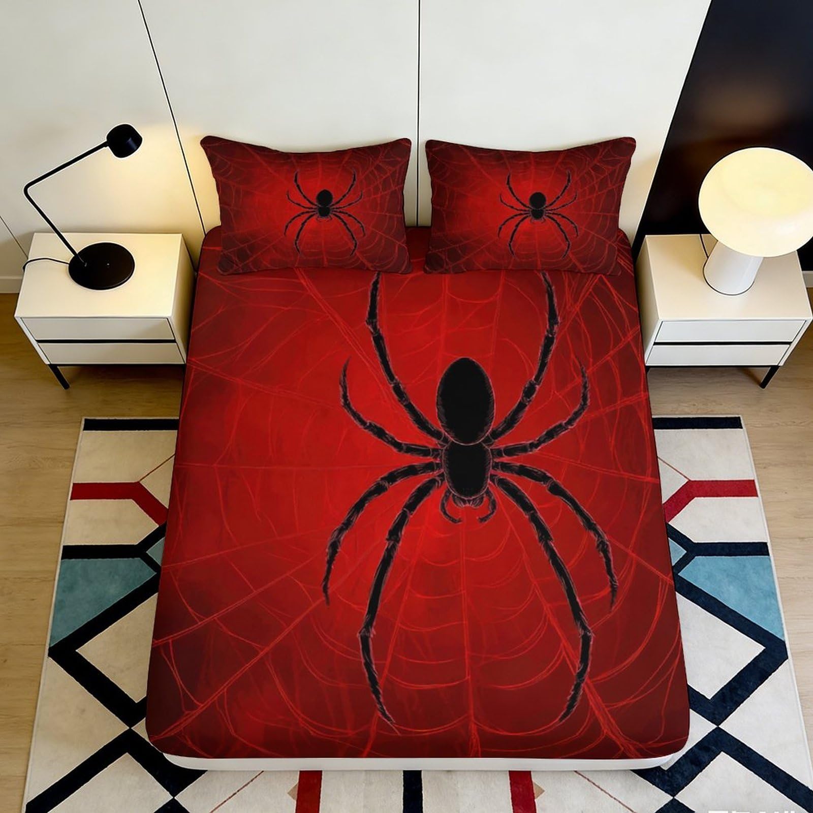 3D Printed Spider Pattern Fitted Sheet Microfiber Deep Pocket Non-Slip Bedding Full Wrap Spider Mattress Fitted Cover Washable Home 200x200x25cm