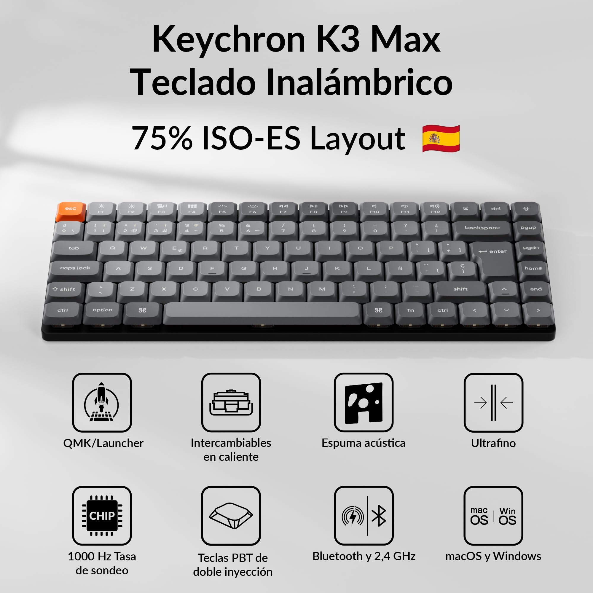 Keychron K3 MAX Teclado Gaming Inalámbrico Ultrafino, ISO-ES, Switch Marrón | 2,4 GHz/BT 5.1/USB-C, Programación con QMK/Launcher, Teclas LSA de Perfil Bajo en PBT, Teclado Español para Mac, Win y Linux