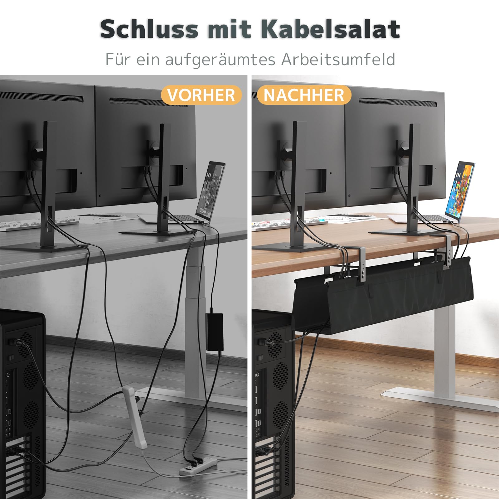 Kabelkanal Schreibtisch Ohne Bohren, 90cm Unter dem Kabelmanagement Schreibtisch mit Klemmen/Schraubmontage, Stabiler & Wasserdichter Stoff-Kabelorganizer für Zuhause und Büro, Schwarz
