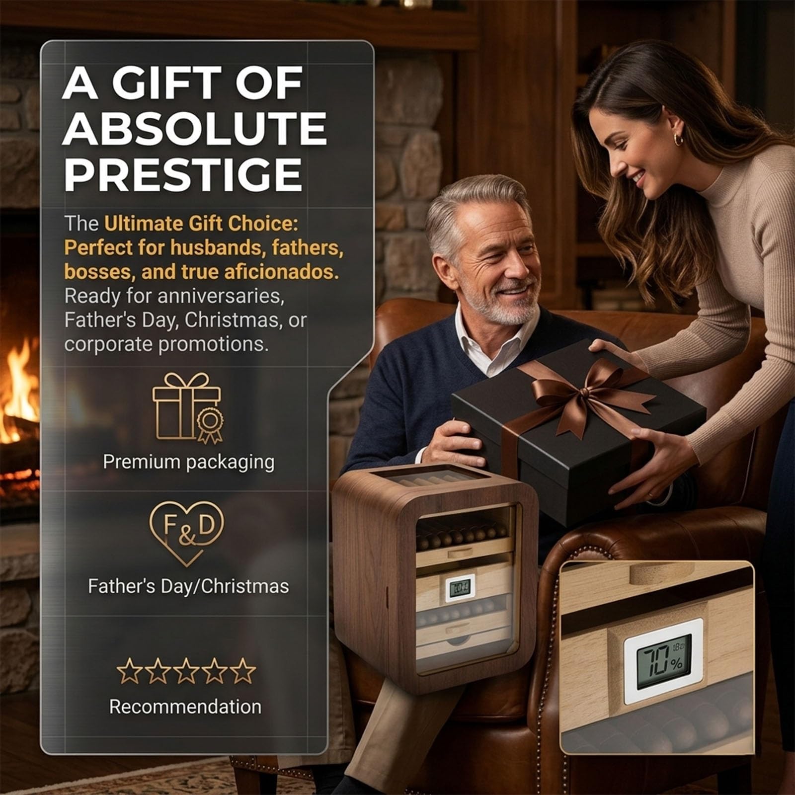 Elektrischer Zigarren Humidor mit Digitalem Display, Kleiner Schrankhumidor für 110 Zigarren, Luxus Zigarrenbox aus Zedernholz mit Bidirektionaler Feuchtigkeitsregulierung(Brown,with Window)