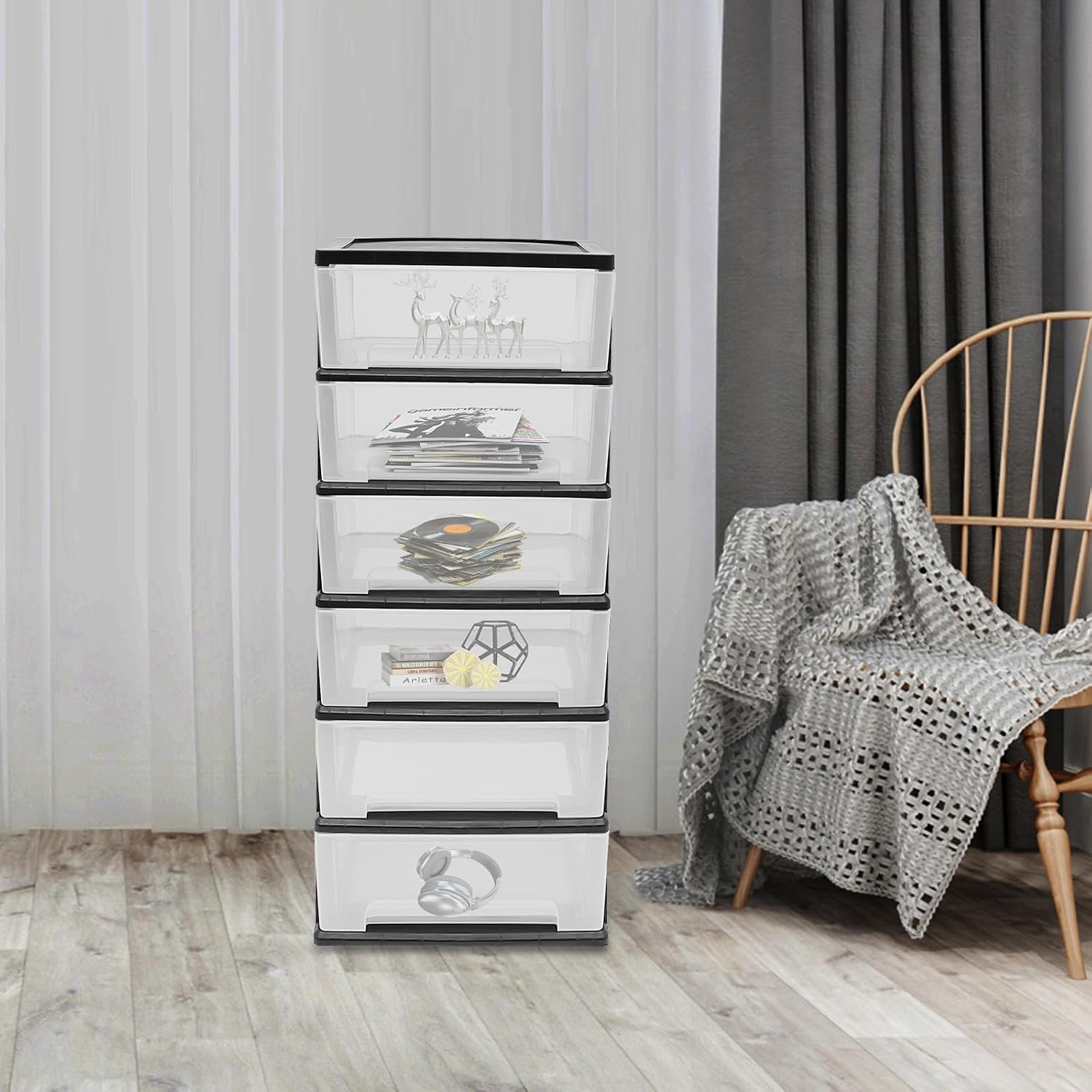 Rolling Storage Cart, 6-Tier Clear Drawer Organizer with Transparent Storage Drawers, Sturdy Storage Unit for Offices, Bedrooms, Foldable Storage System with Wheels 19.7x13x43 Inch