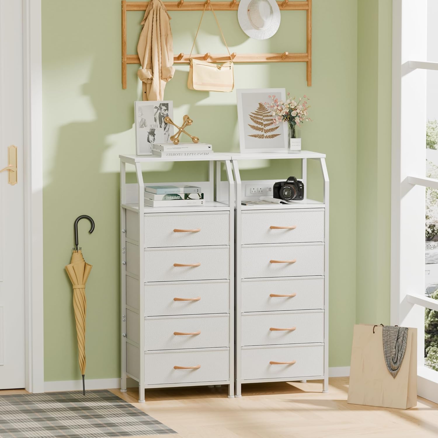 Furnulem 5 Drawers Dresser with Charging Station, Tall Night Stand with Open Shelf, Storage Tower with PVC & Fabric Drawer, Bedside Table for Bedroom, Closet, Entryway, 3 Ways to Use, White - Image 4