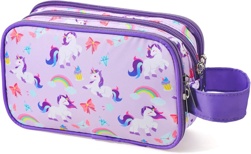 Necessaire infantil Vipdeal para viagem, bolsa de higiene com zíper e alça para pendurar, poliéster, Unicorn-Purple