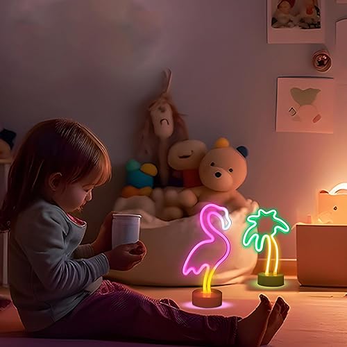 Miniatura 3 de ENUOLI Letreros LED de neón de flamenco y palmera de coco, luz de neón LED alimentada por USB, con base de soporte, decoración de neón para