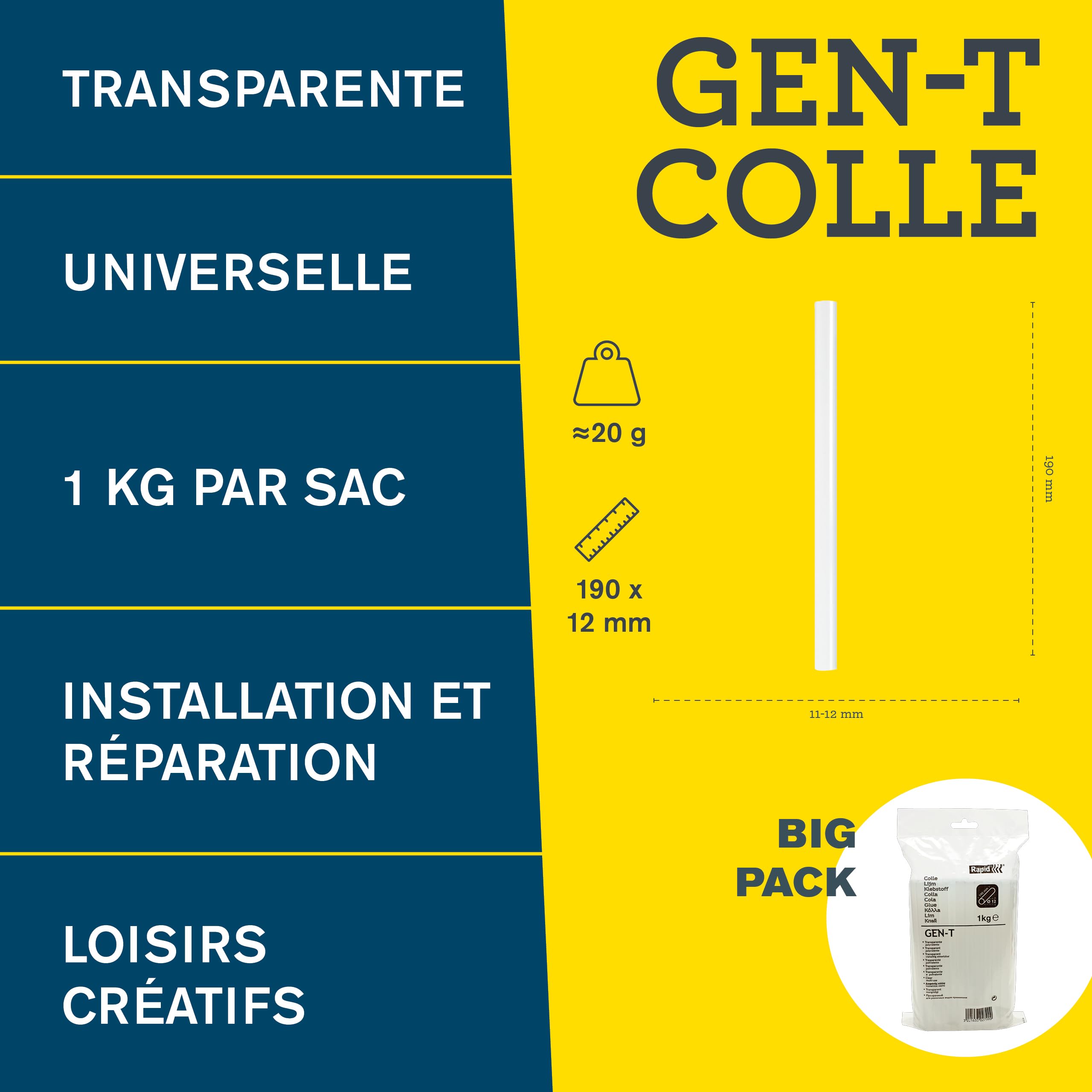 RAPID Bâtons de colle GEN–T - Bâtons de pour pistolet colle - Haute teneur en résine - Pour une gamme d'applications professionnelles – Diamètre 12 mm – Longueur : 190mm – Sachet de 1 kg - (40302799)