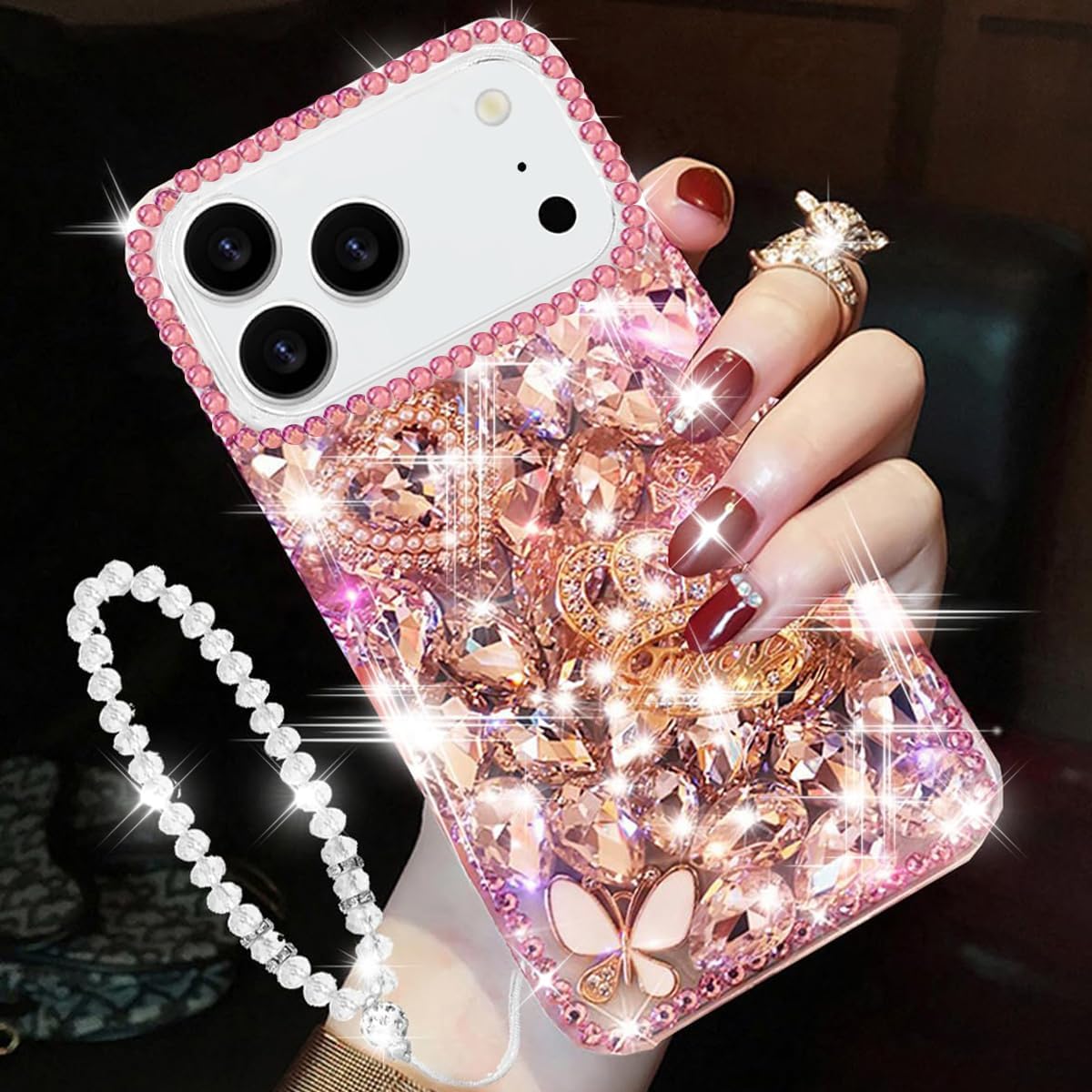 for iPhone 17 Pro Glitter Bling Case,Cute Luxury 3D Sparkle Crown Crystal Rhinestones Diamond Stunning Stones Pearl with Lanyard Wrist Strap Women Girls Phone Case for iPhone 17 Pro 6.3",Pink - Image 8