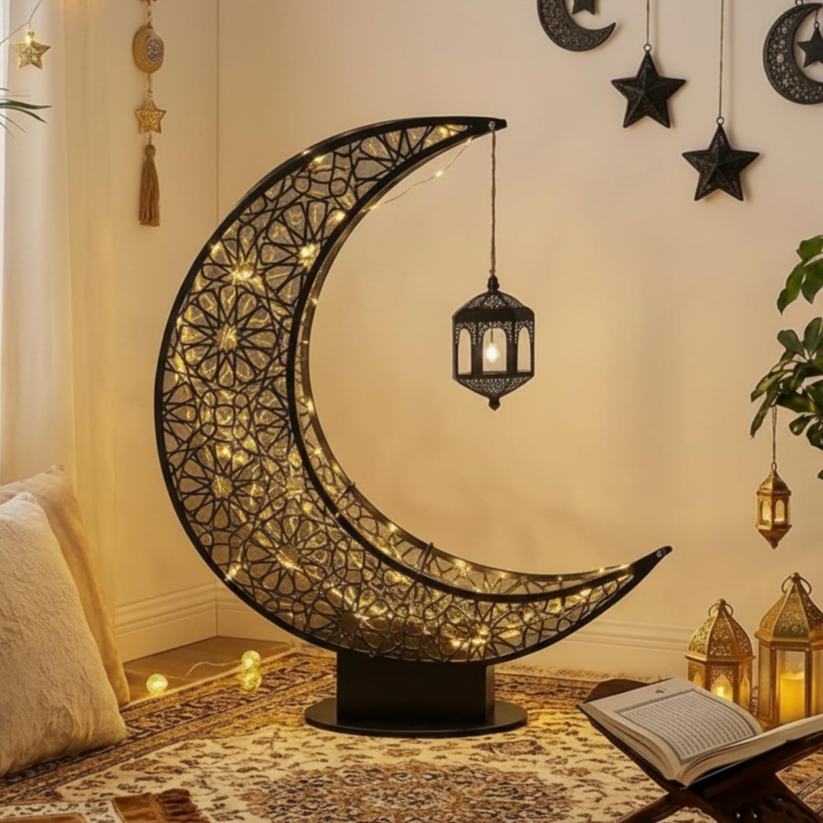 2ft Large Metal Crescent Islamic Decor with Lantern Eid Mubarak Kareem Moon Star Shaped LED Light Decor Ramadan Art Islamic Table Top Decoration Gift for Muslims in Ramadan Eid(Black)