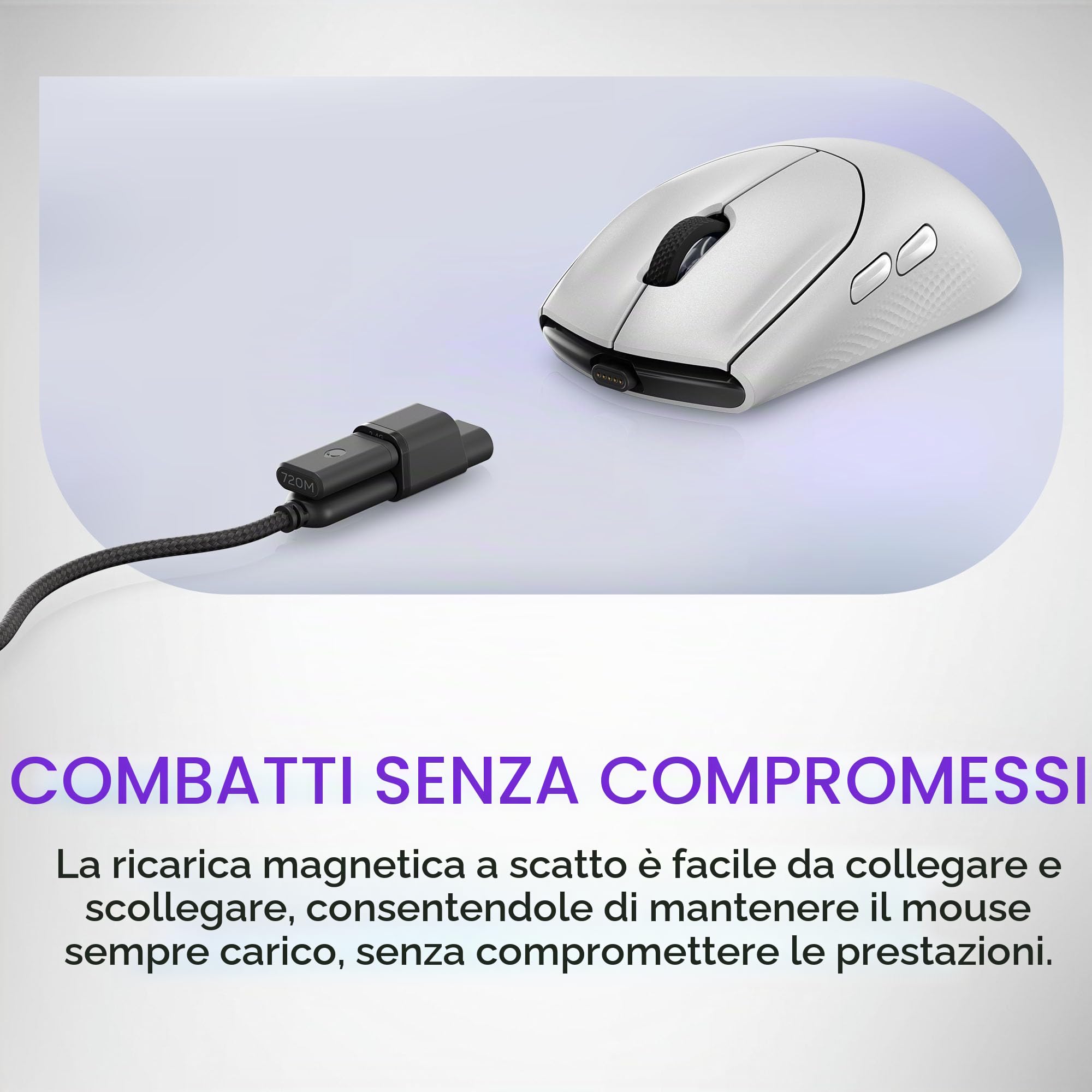 Alienware AW720M - Mouse da gioco wireless trimodale, wireless da 2,4 GHz, Bluetooth 5.1, 26.000 DPI, 8 pulsanti programmabili, adattatore di ricarica magnetico a scatto da USB-A a USB-C - Luce lunare