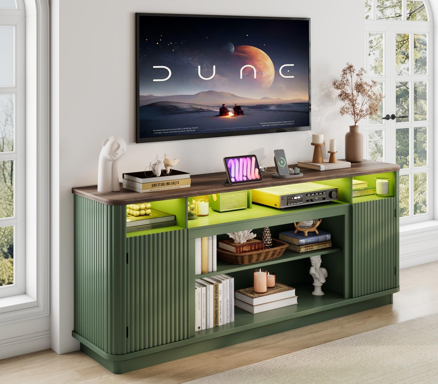 70" Fluted TV Stand for TVs Up to 80 inch Modern Entertainment Center Wood Media Console w/Power Outlets and LED Lights, Adjustable Shelves for Living Room,Green