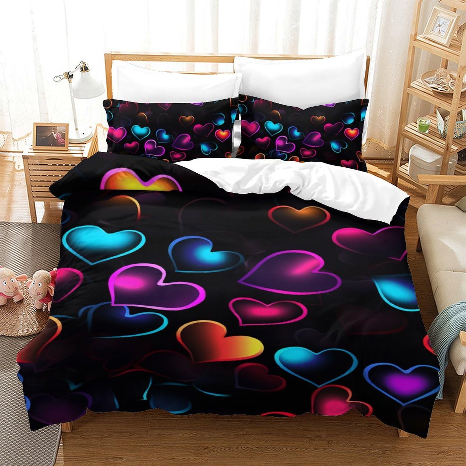 Parure de lit enfant 3 pièces avec housse de couette imprimée 3D Amour coloré microfibre 140x200cm