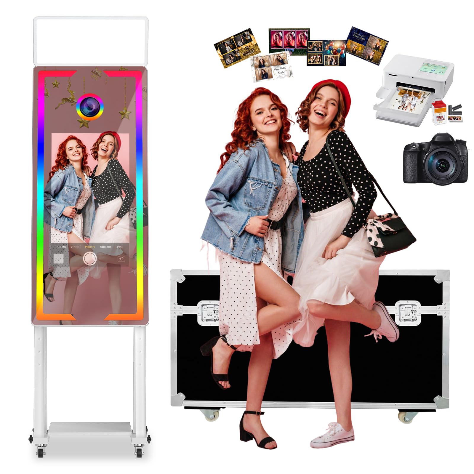 Magic Mirror Photo Booth, 40-22in Interactive Touch Screen Photo Booth Machine Built-in Mini PC,App Remote Control RGB Light,Idea for Event Rental Party (White, 40-22in)