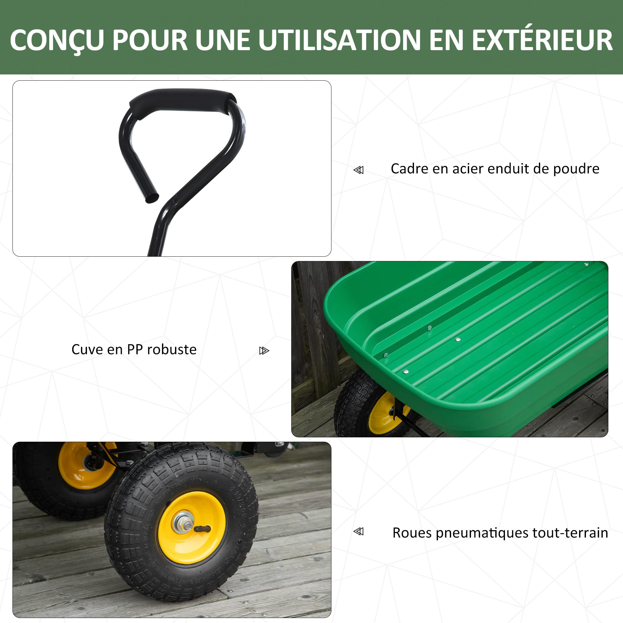 Outsunny Chariot de Jardin à Main Benne basculante 75° 125L Charge Max. 200 Kg 4 Roues pneumatiques Acier PP Jaune Vert