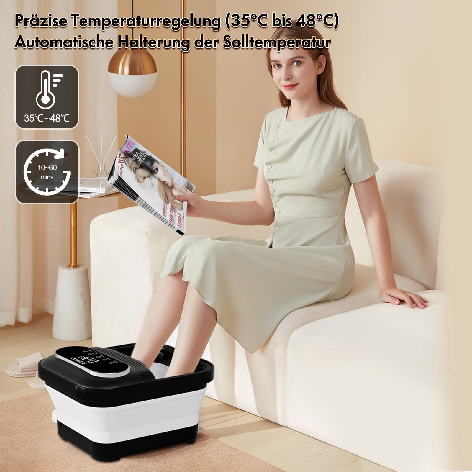 Masażer do stóp z ekranem dotykowym, składany, podgrzewanie, bąbelki, regulacja temperatury