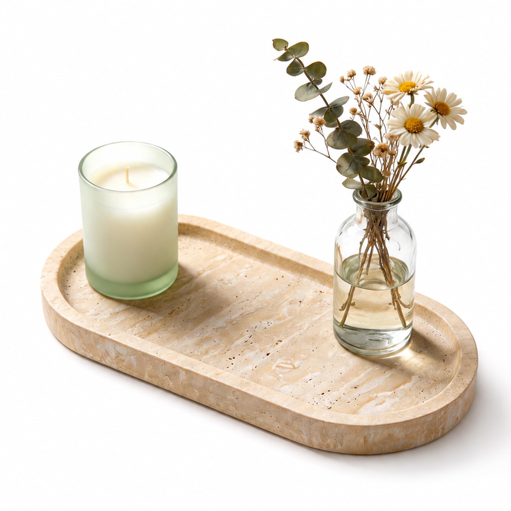 WORHE Marble Vanity Tray 30 x 13 x 2.5cm Italy Natural Travertine Stone Decorative Trays for Jewelry Candles Perfume, Countertop Storage Organizer for Bathroom Dresser Kitchen Home Decor Beige (WH033)