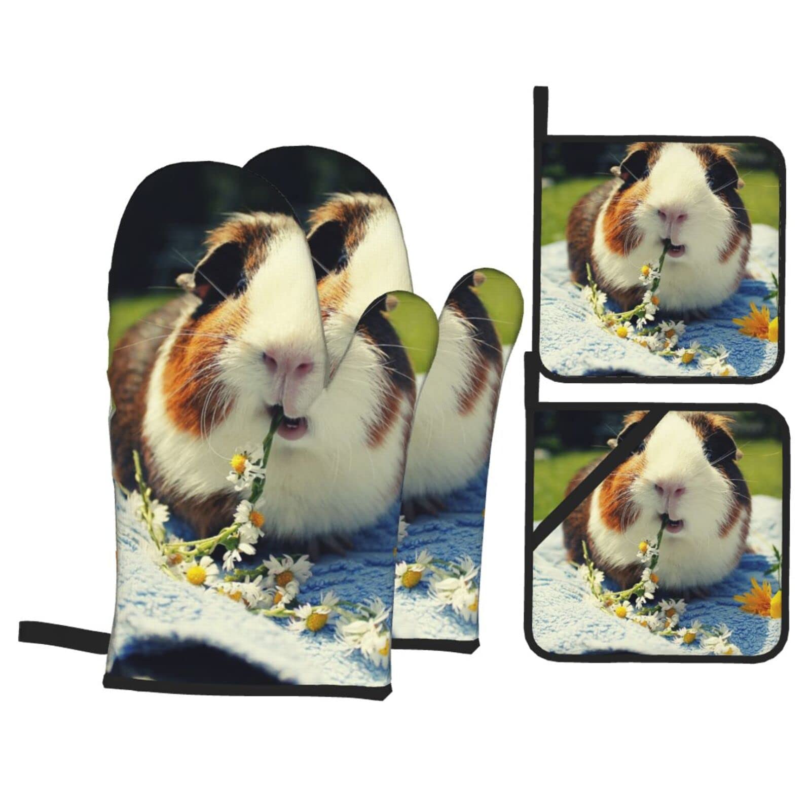 Guinea Pig Print Kitchen Baking Four Piece Set of Heat Resistant Thick Cotton Oven Mitts for Cooking, Baking and Grilling