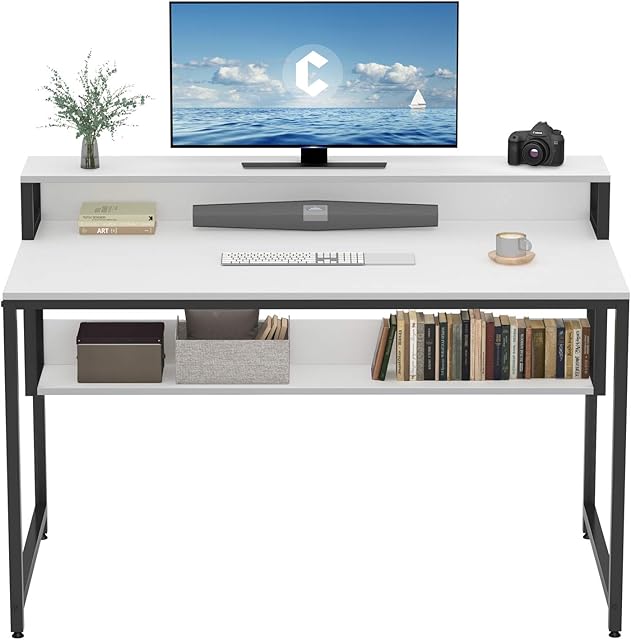 Cubiker Computer Home Office Desk, 120cm Small Desk Table with Storage Shelf and Bookshelf, Study Writing Table Modern Simple Style Space Saving Design, White