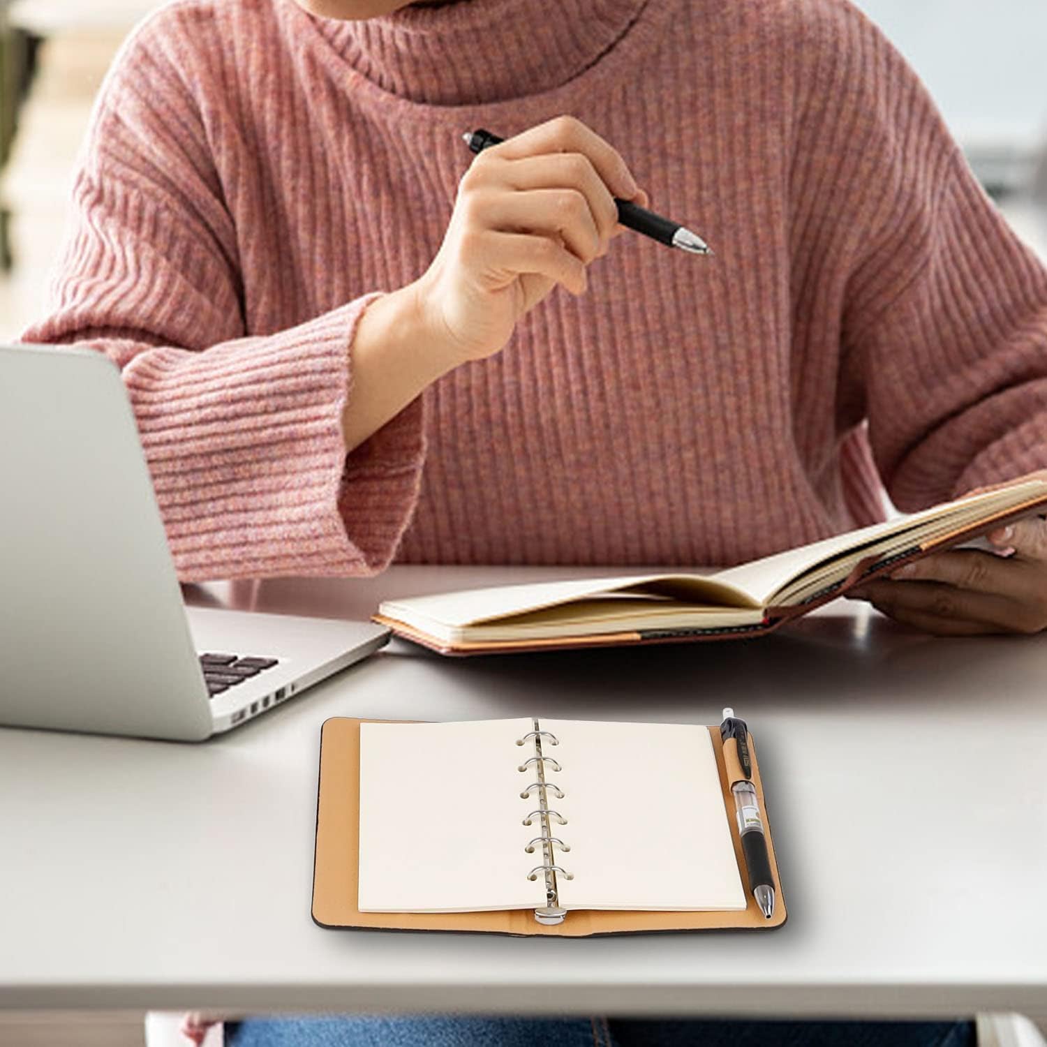 Taccuino A7 Ricaricabile in Pelle con 6 Anelli, Quaderno Tascabile, Blocco Note Portatile, per Ufficio e Scuola