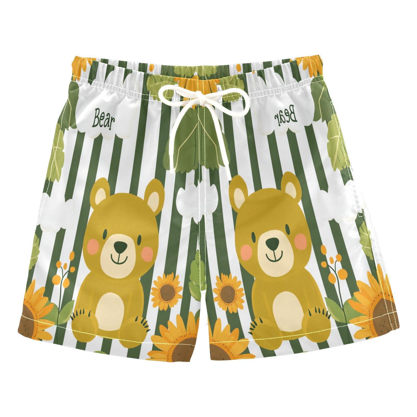 Jucciaco Boys Swim Trunk Quick Dry Beach Board Shorts Bear Sunflower Green Flower Swimwear for Kids