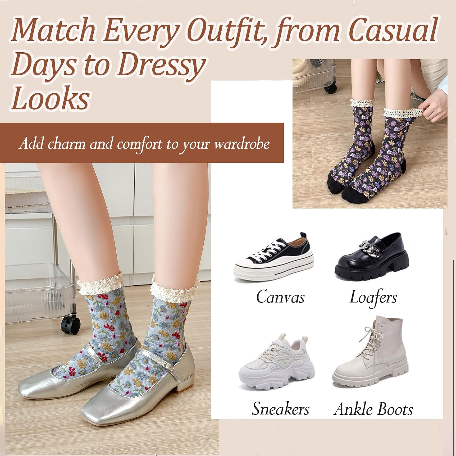 Women's Floral Embroidered Cotton Crew Socks, 5 Pairs Lace Ruffle Vintage Cottagecore Cozy Dress Socks