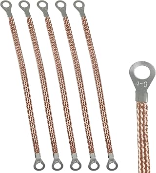 MEETOOT 5PCS 250mm / 9.8inch Braided Ground Strap Automotive Engine Copper Ground Strap Wire with 4-8 Terminals Plugs