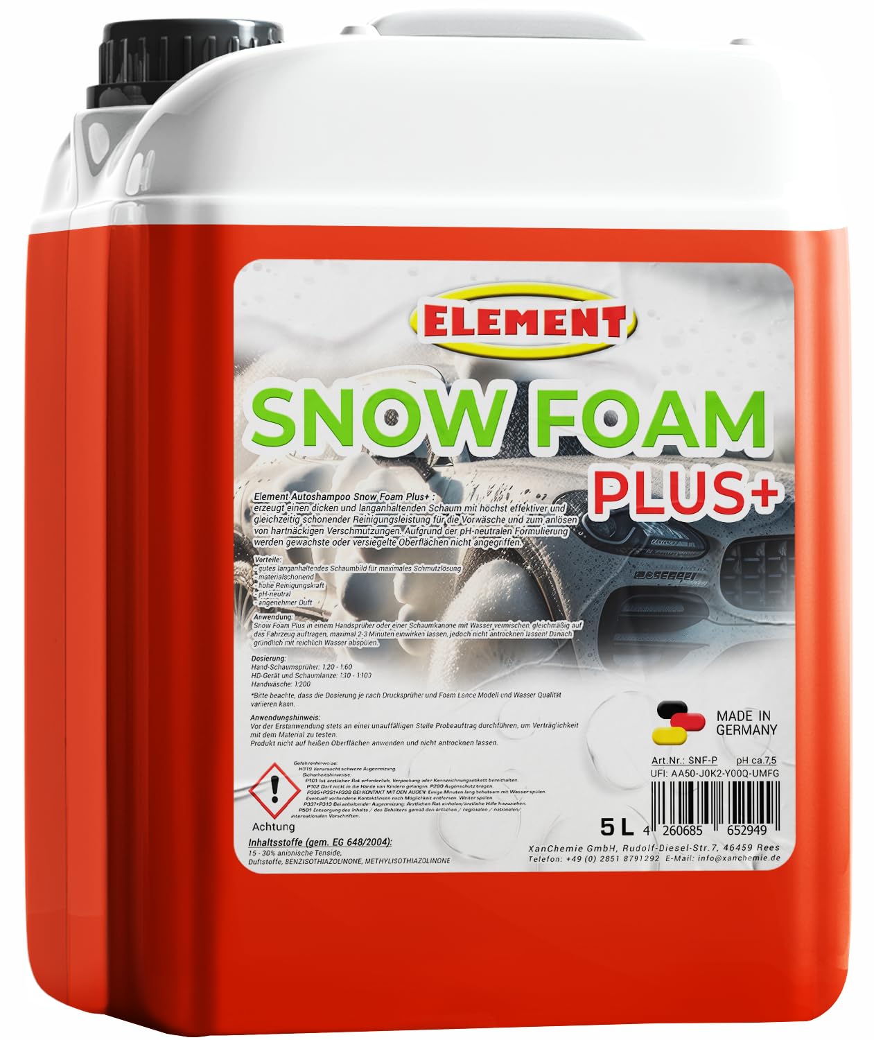SNOW FOAM PLUS | pH-neutral | Autoshampoo | 5 Liter | Fahrzeugreiniger mit Duft | schonende Vorwäsche mit dichtem Schaum